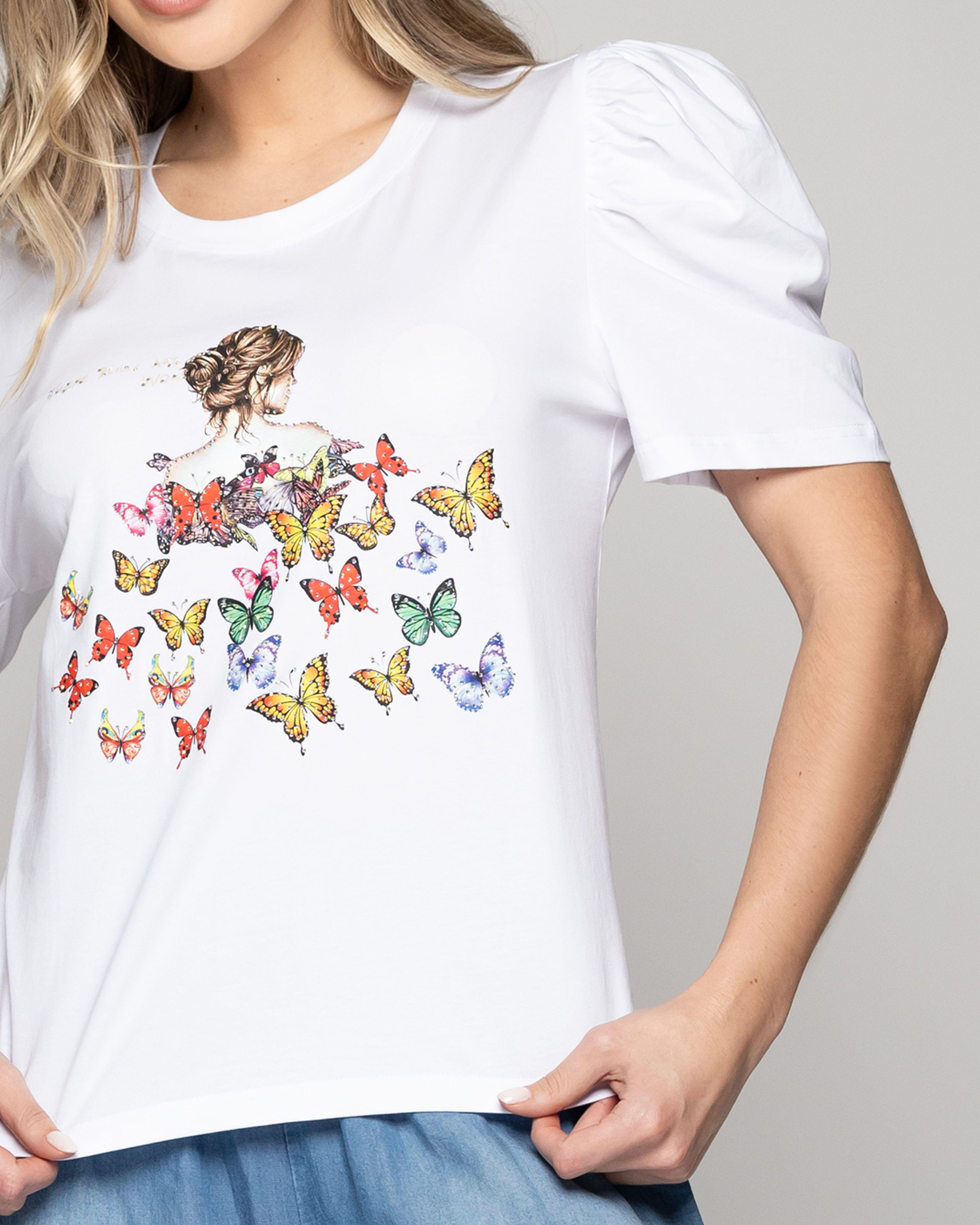 Polera Mujer Ofelia Manga Corta Con Estampado De Mariposas Blanca Lineatre-2
