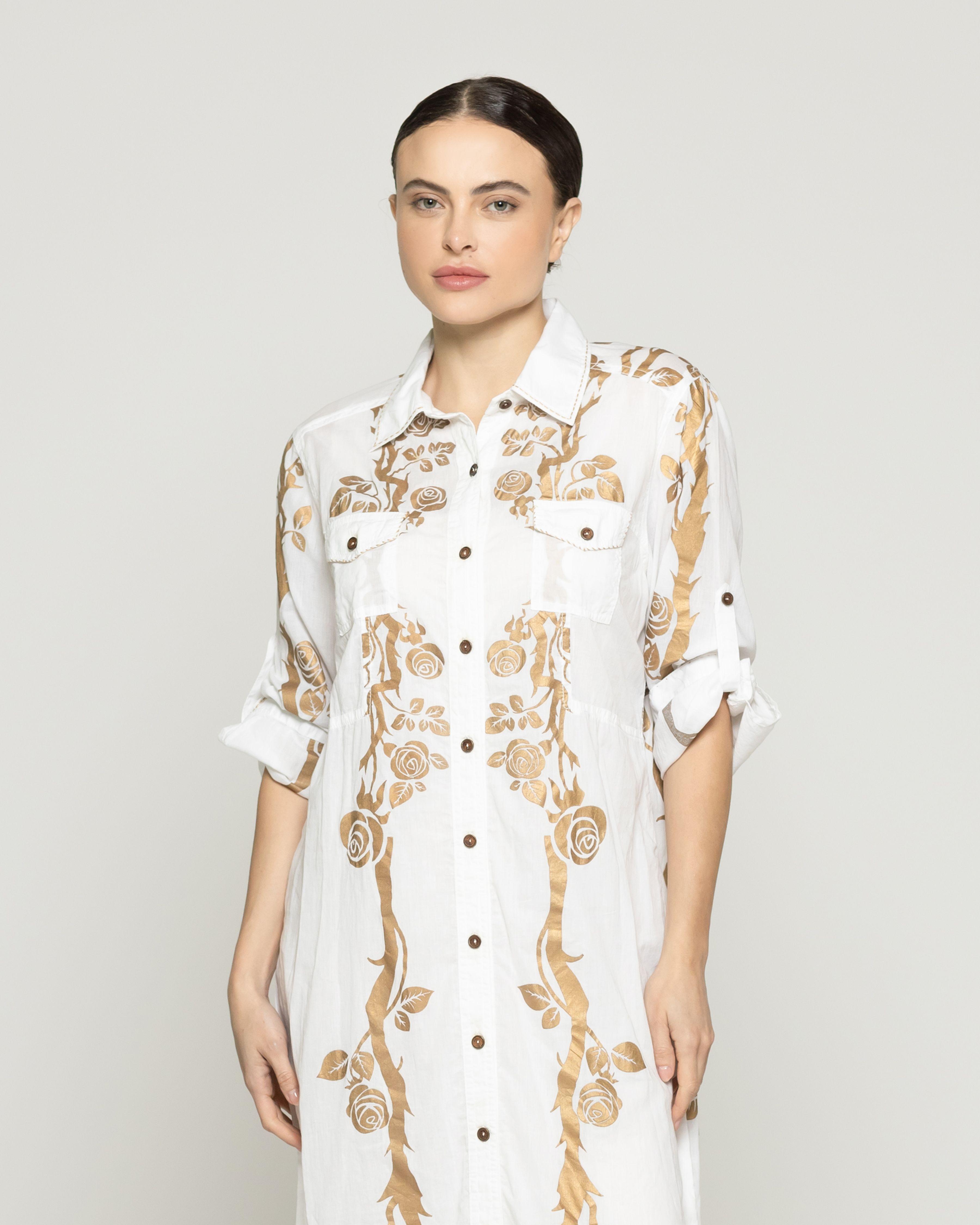 Vestido Mujer Vladimira Camisero Con Estampado Dorado De Rosas Blanco Lineatre-0