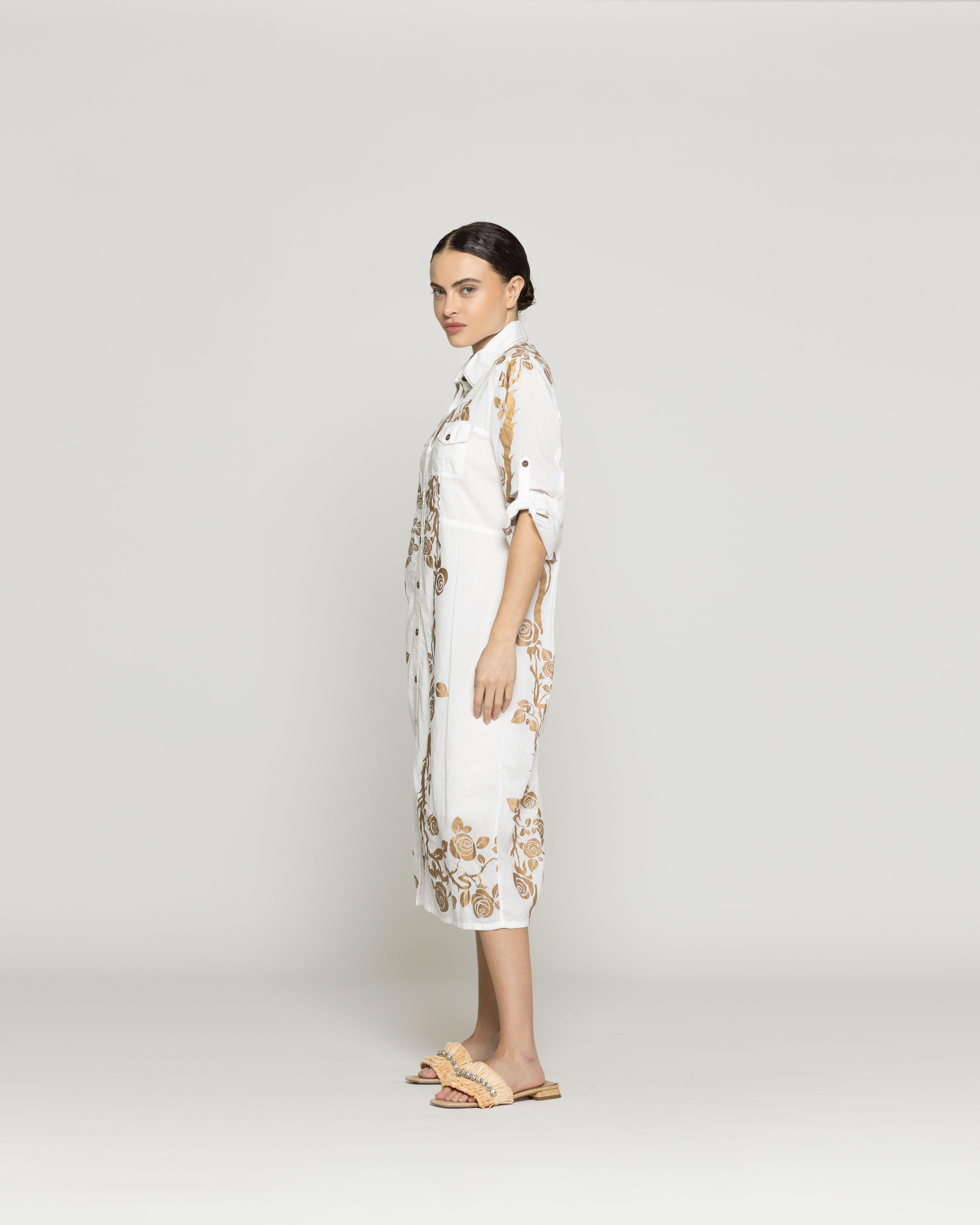 Vestido Mujer Vladimira Camisero Con Estampado Dorado De Rosas Blanco Lineatre-1