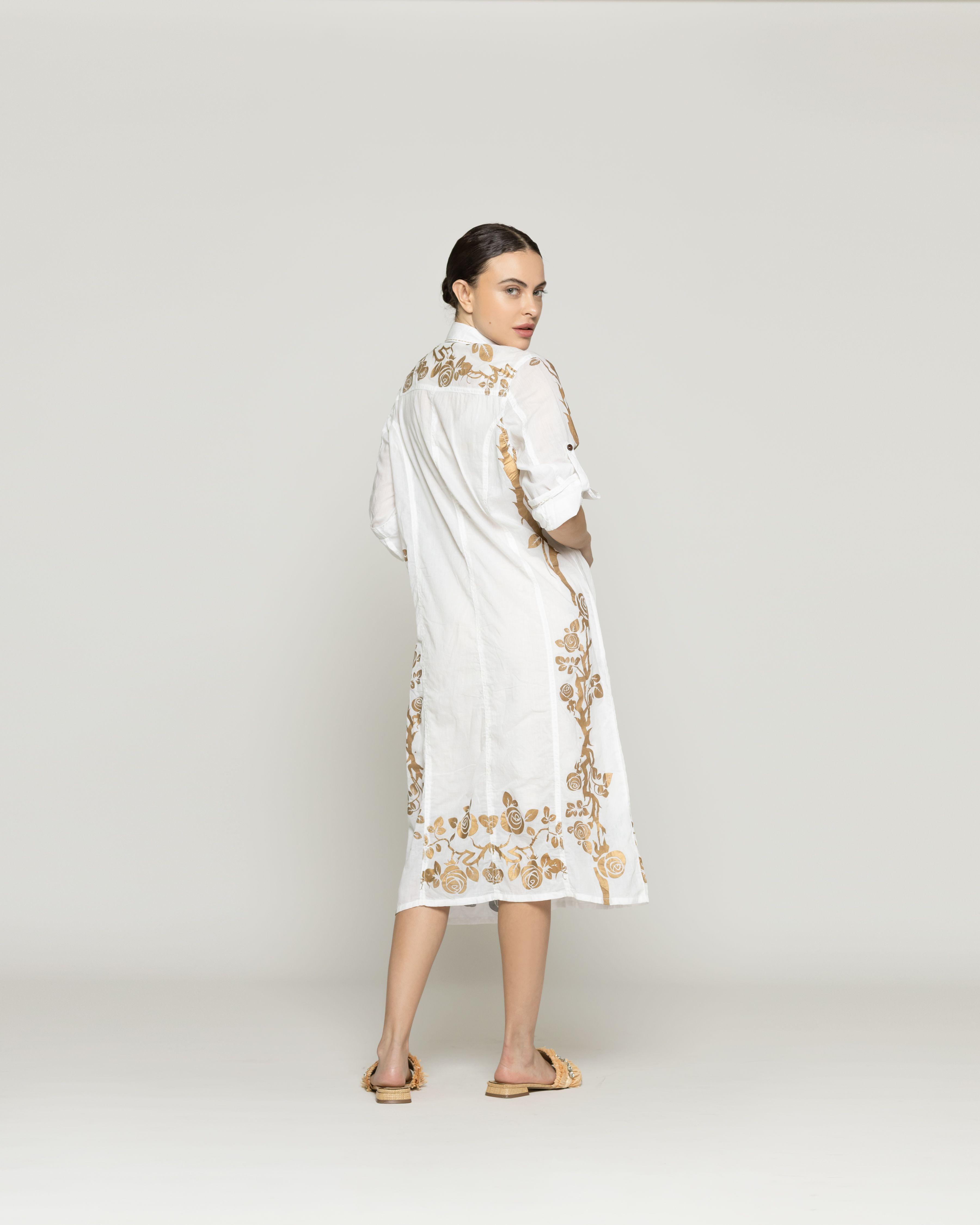 Vestido Mujer Vladimira Camisero Con Estampado Dorado De Rosas Blanco Lineatre-2