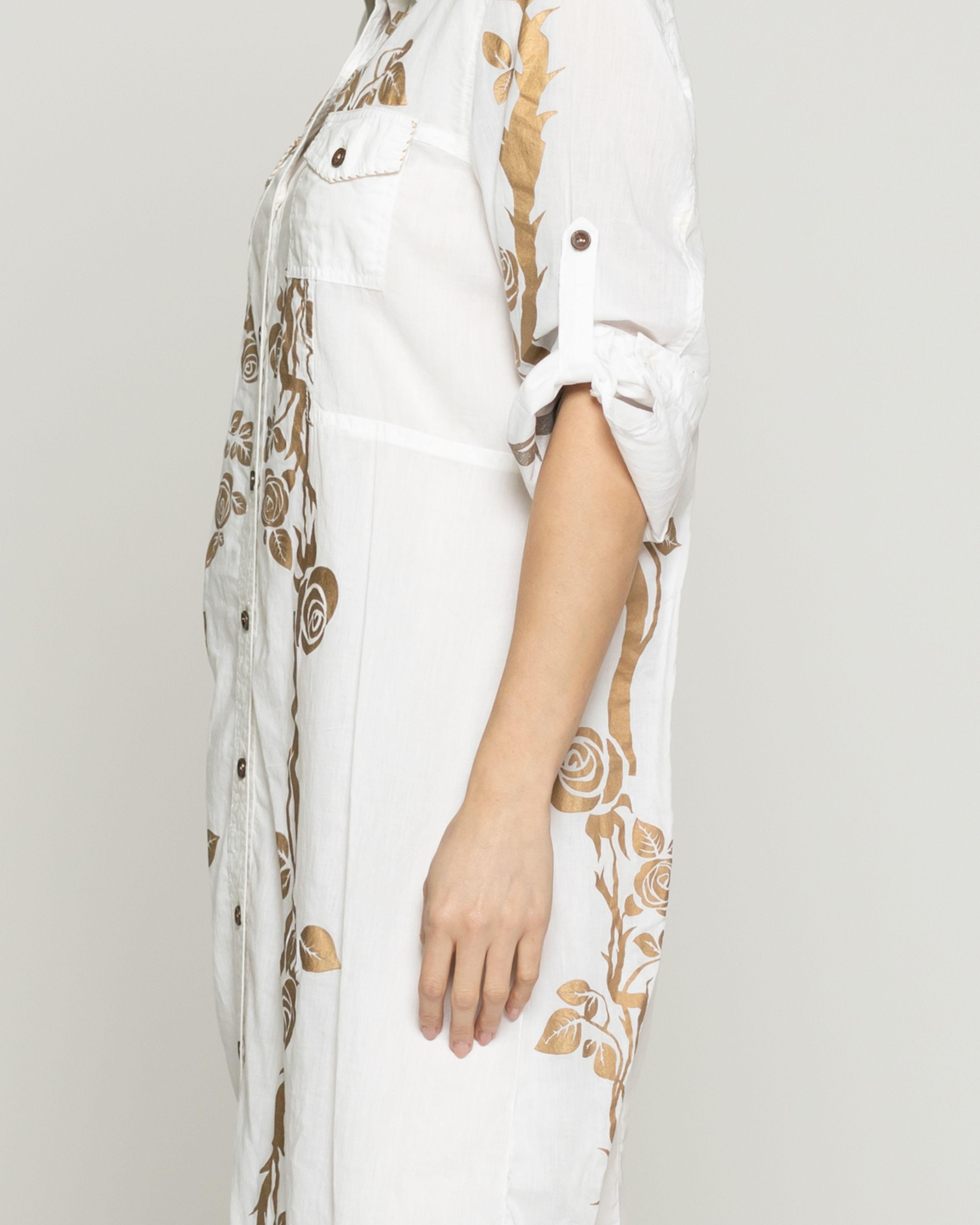 Vestido Mujer Vladimira Camisero Con Estampado Dorado De Rosas Blanco Lineatre-3