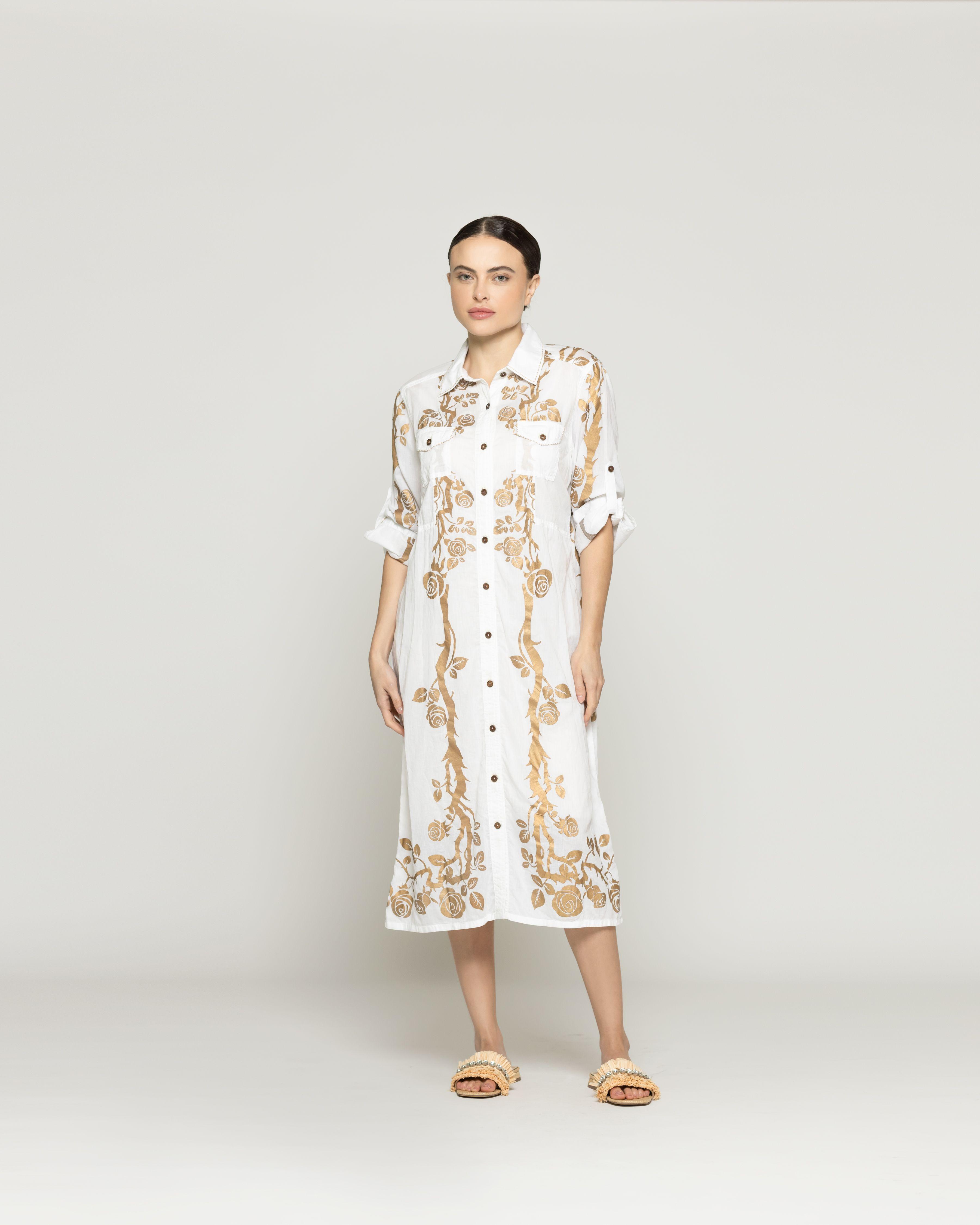 Vestido Mujer Vladimira Camisero Con Estampado Dorado De Rosas Blanco Lineatre-4