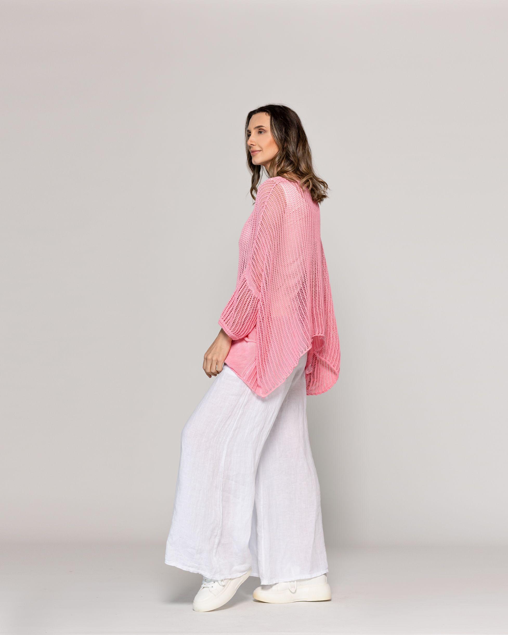 Sweater Mujer Wendy Tejido Calado Con Bolsillos Rosado Lineatre-2