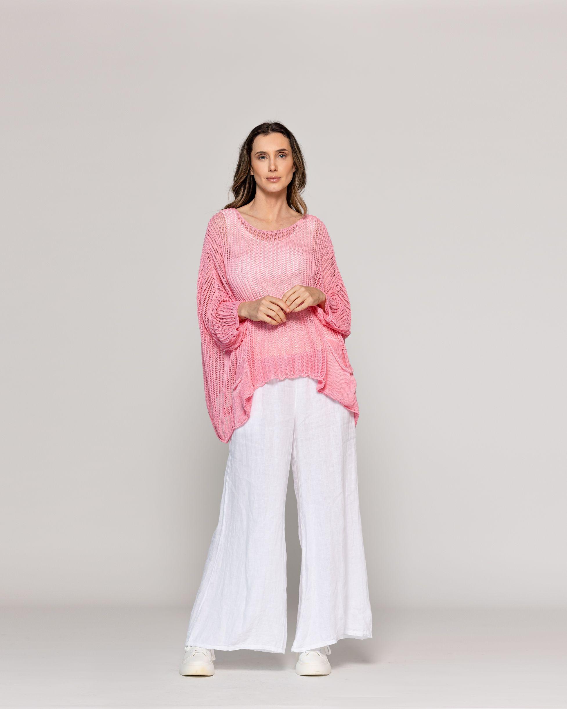 Sweater Mujer Wendy Tejido Calado Con Bolsillos Rosado Lineatre-4