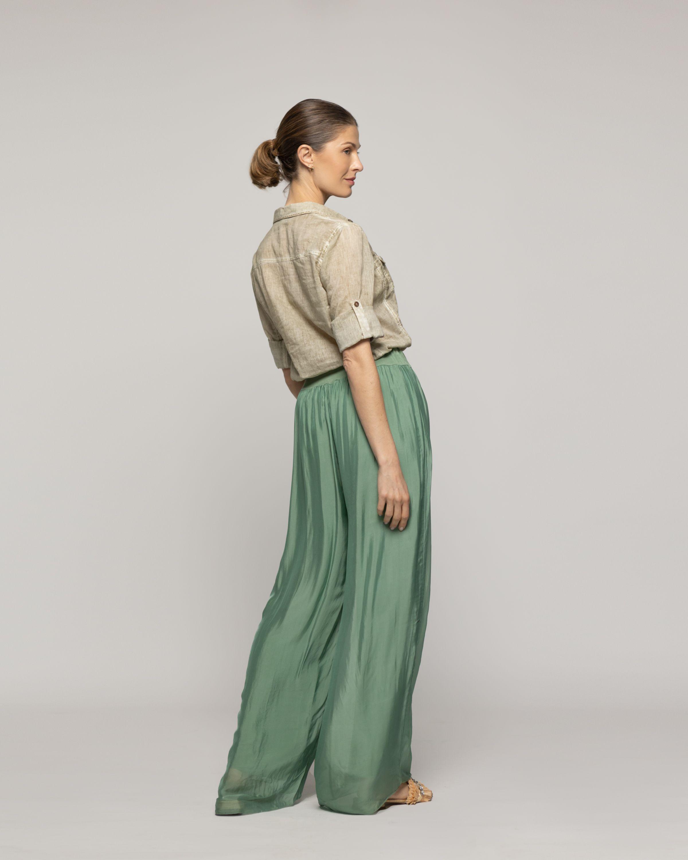 Pantalón Mujer Perla Palazzo Tipo Satín Verde Grisáceo Lineatre-2