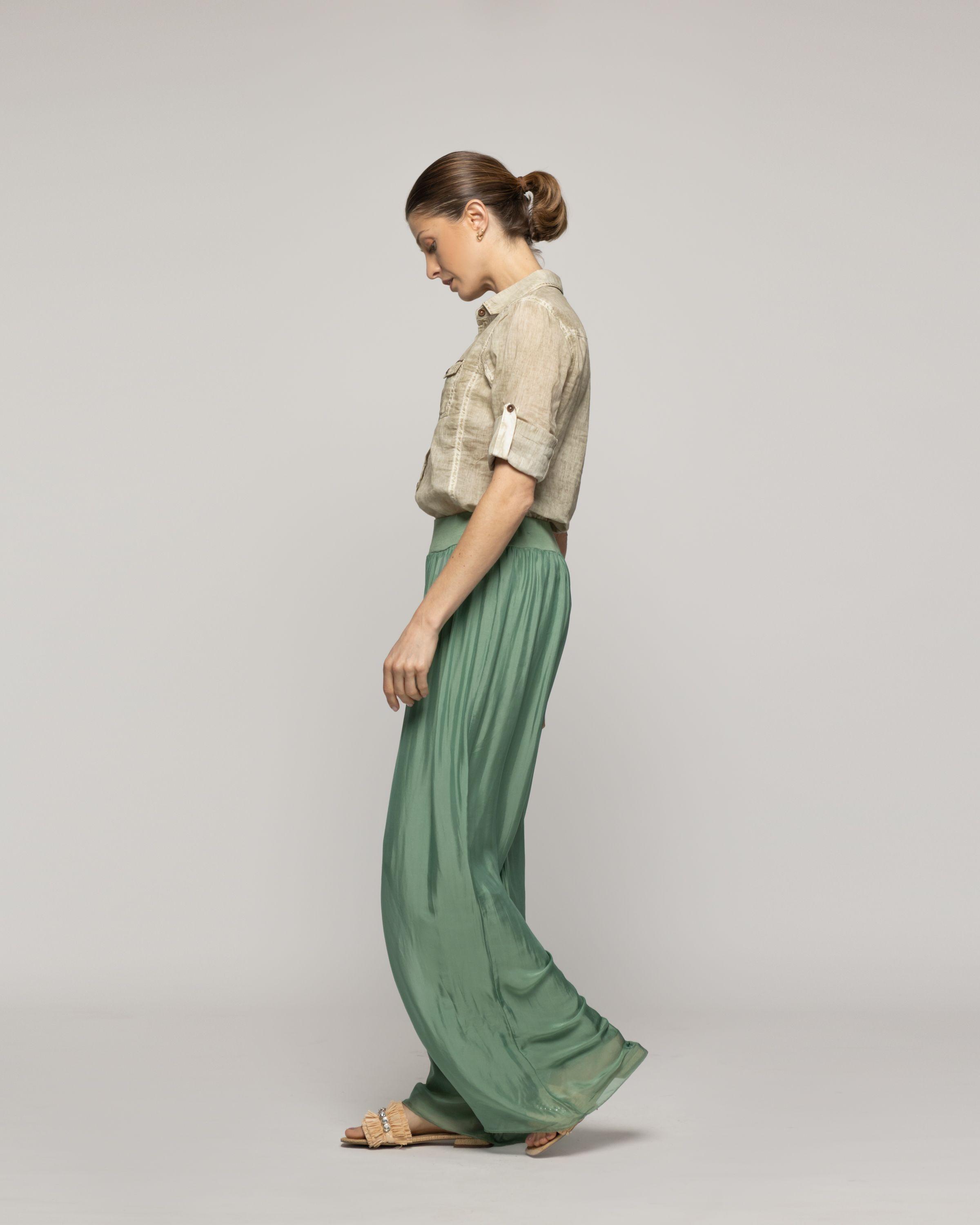 Pantalón Mujer Perla Palazzo Tipo Satín Verde Grisáceo Lineatre-3