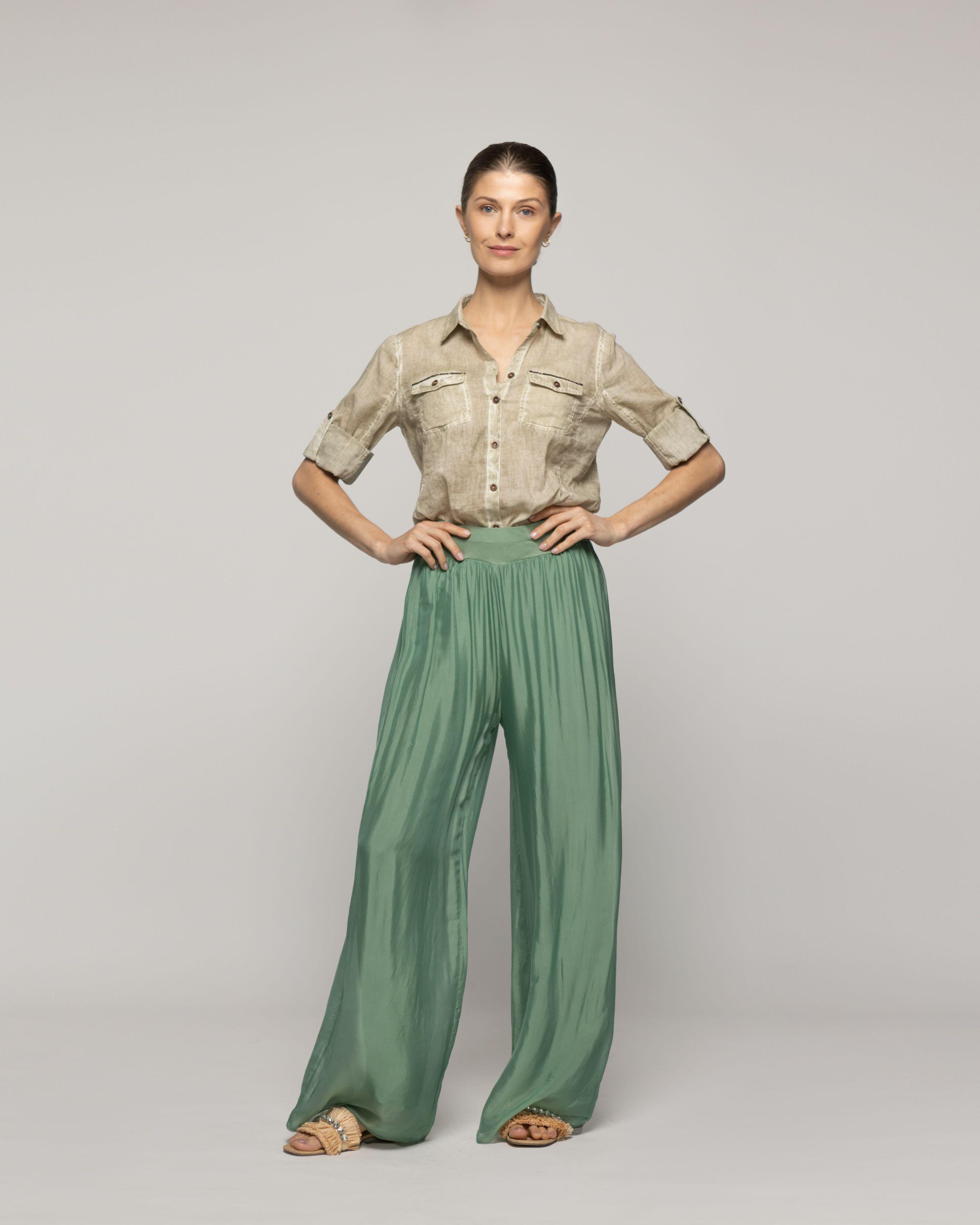 Pantalón Mujer Perla Palazzo Tipo Satín Verde Grisáceo Lineatre-4