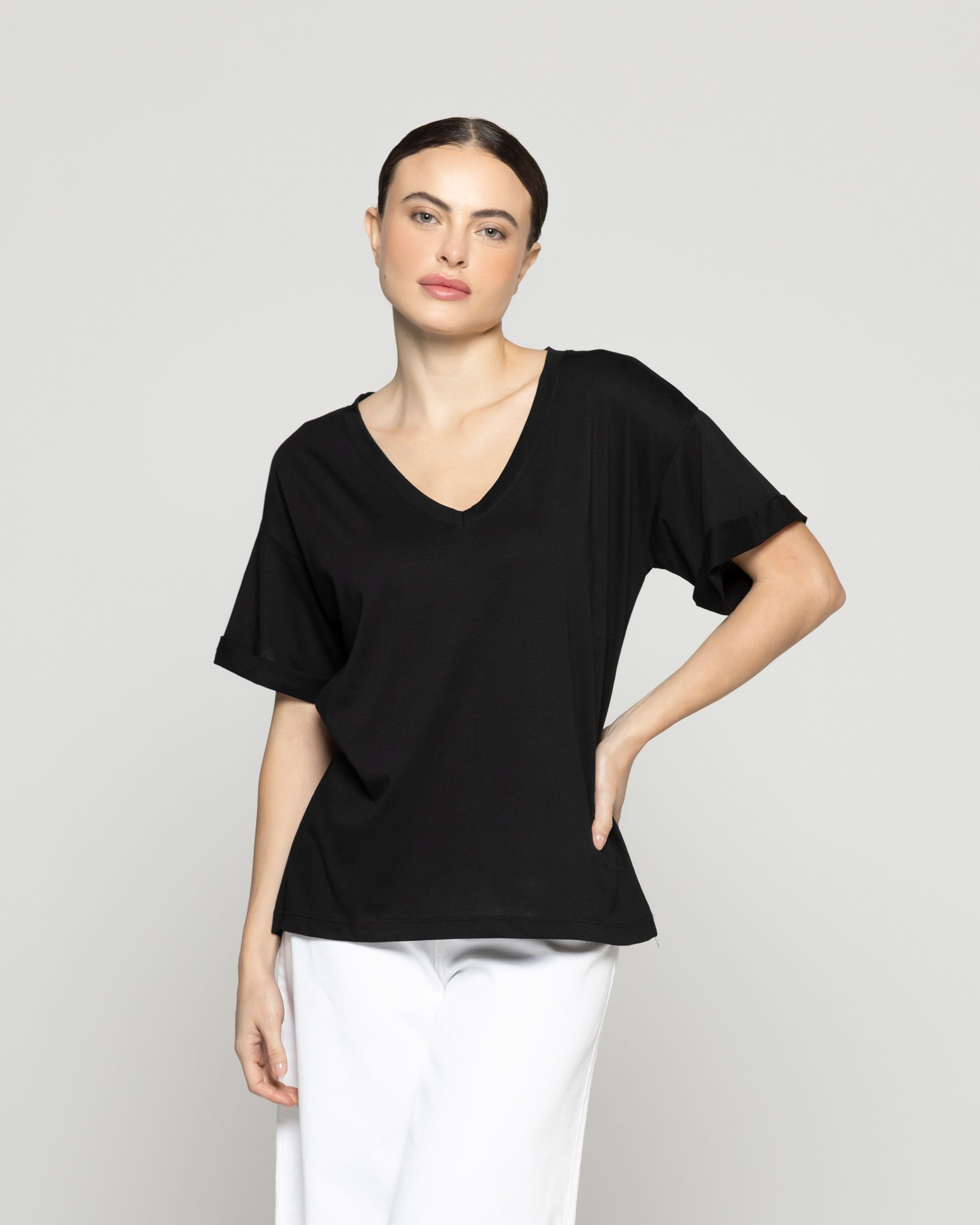Polera Mujer Básico Ornella Escote V Negra Lineatre-0