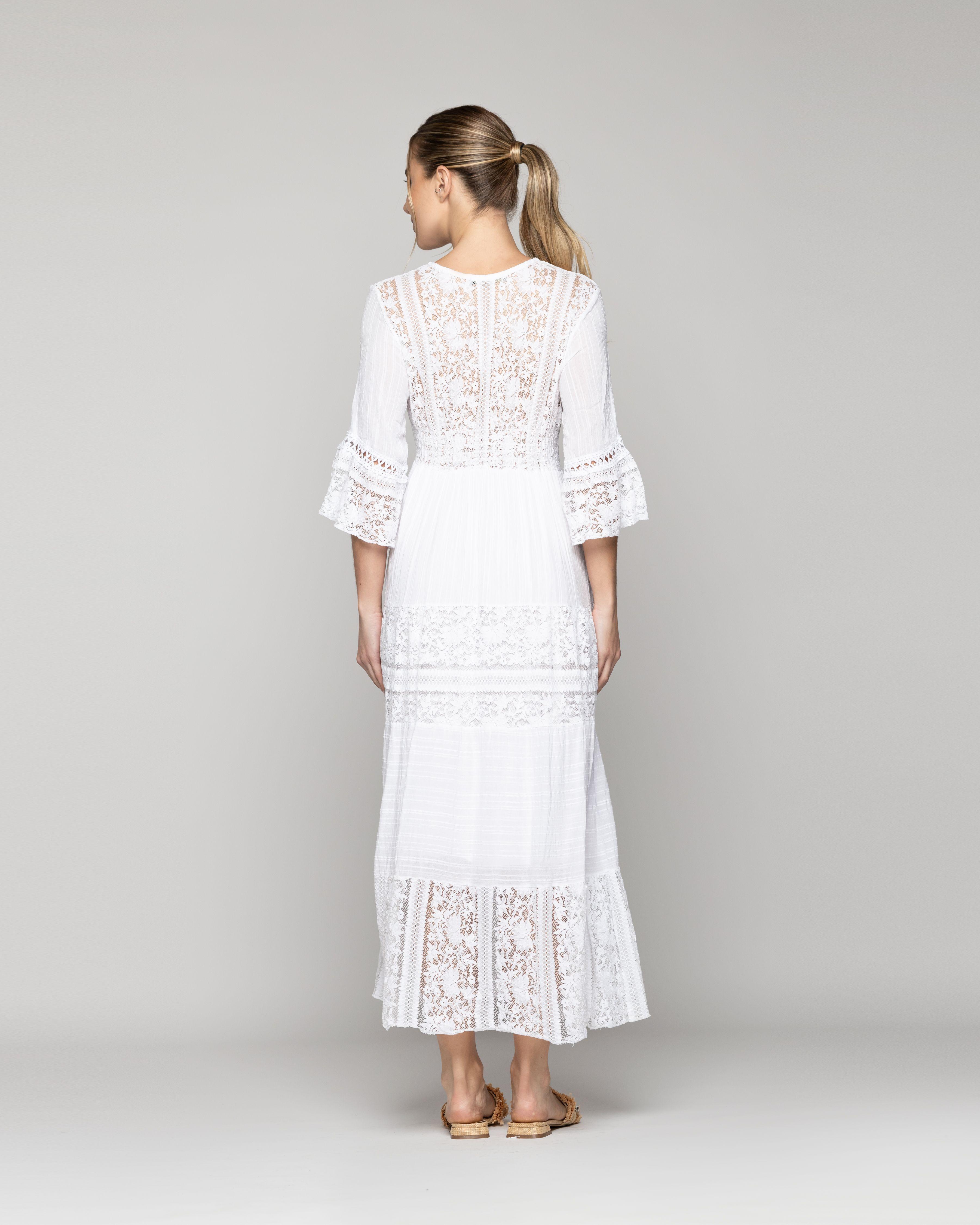 Vestido Mujer Largo Valentina Con Adornos De Encaje Blanco Lineatre-2