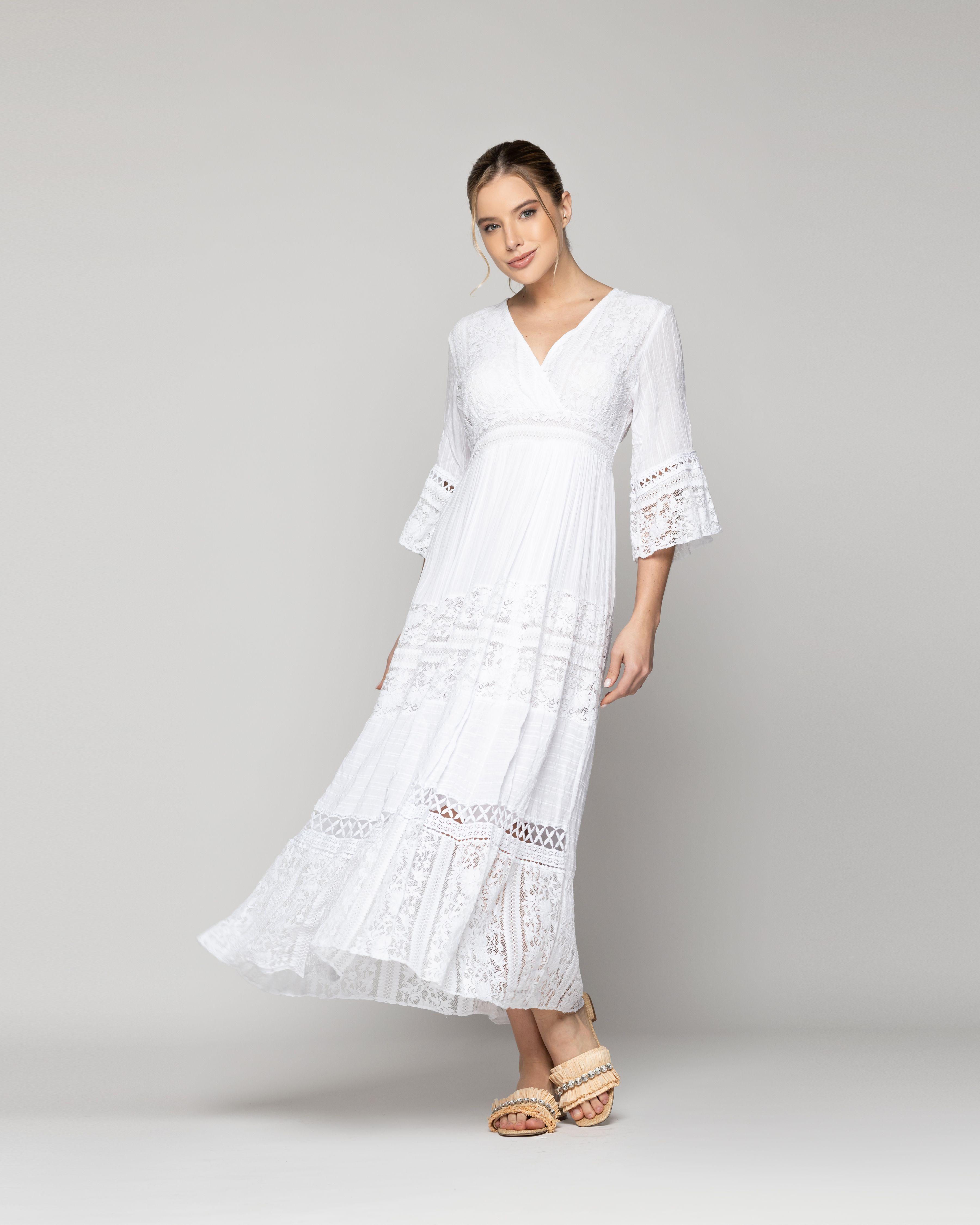 Vestido Mujer Largo Valentina Con Adornos De Encaje Blanco Lineatre-4