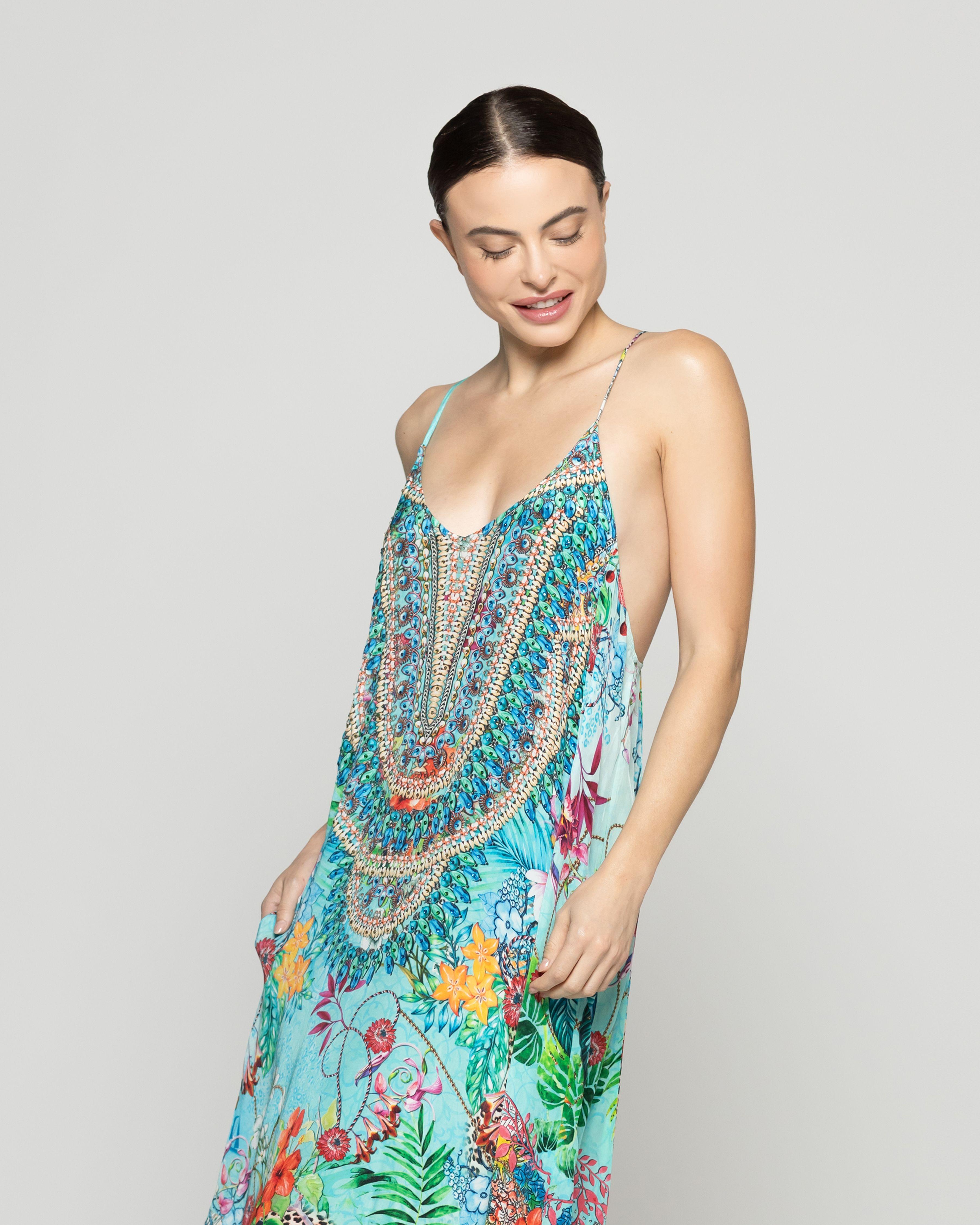 Vestido Mujer Vicenta Largo Cuello V Estampado Verde Turquesa  Lineatre-0