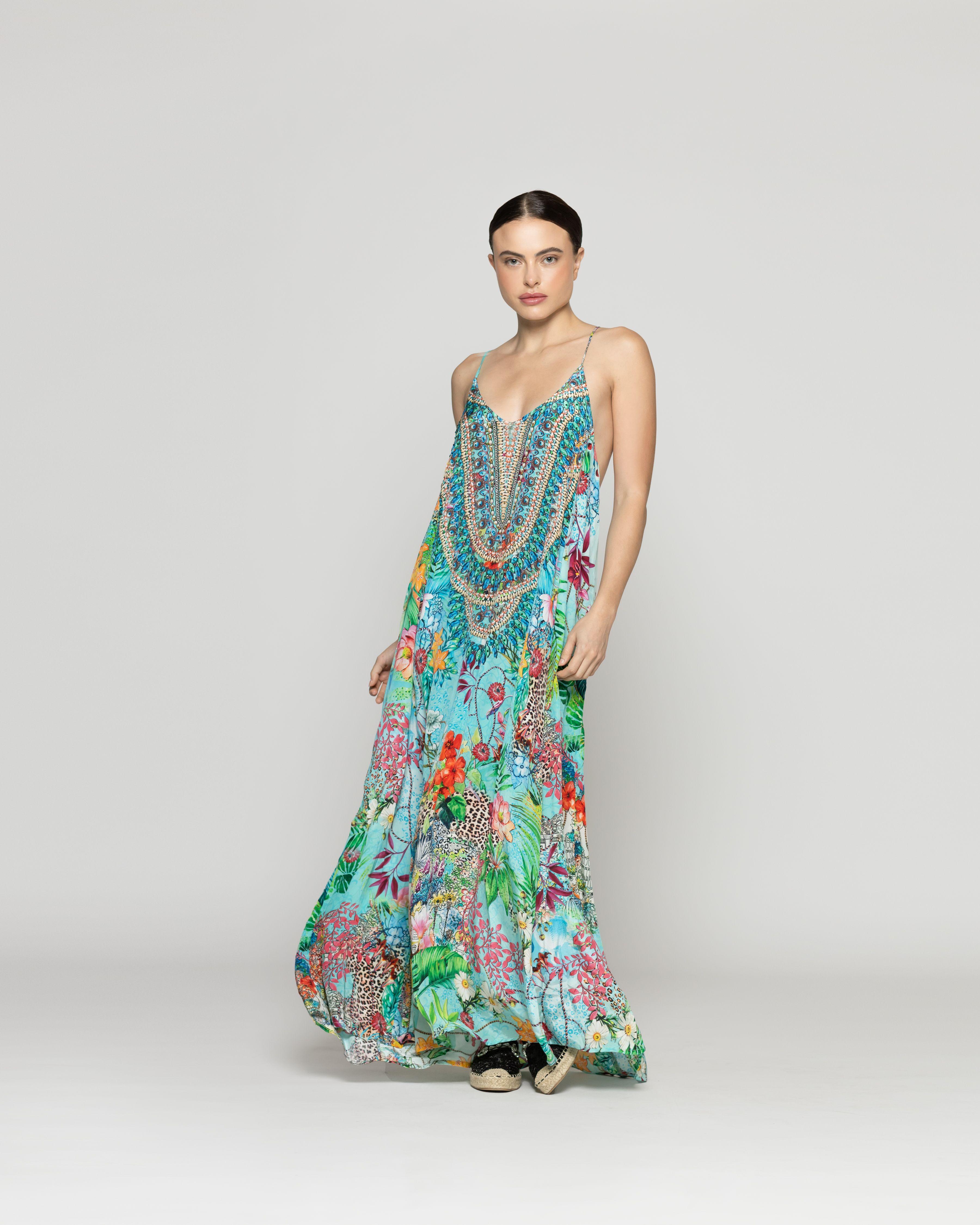 Vestido Mujer Vicenta Largo Cuello V Estampado Verde Turquesa  Lineatre-1