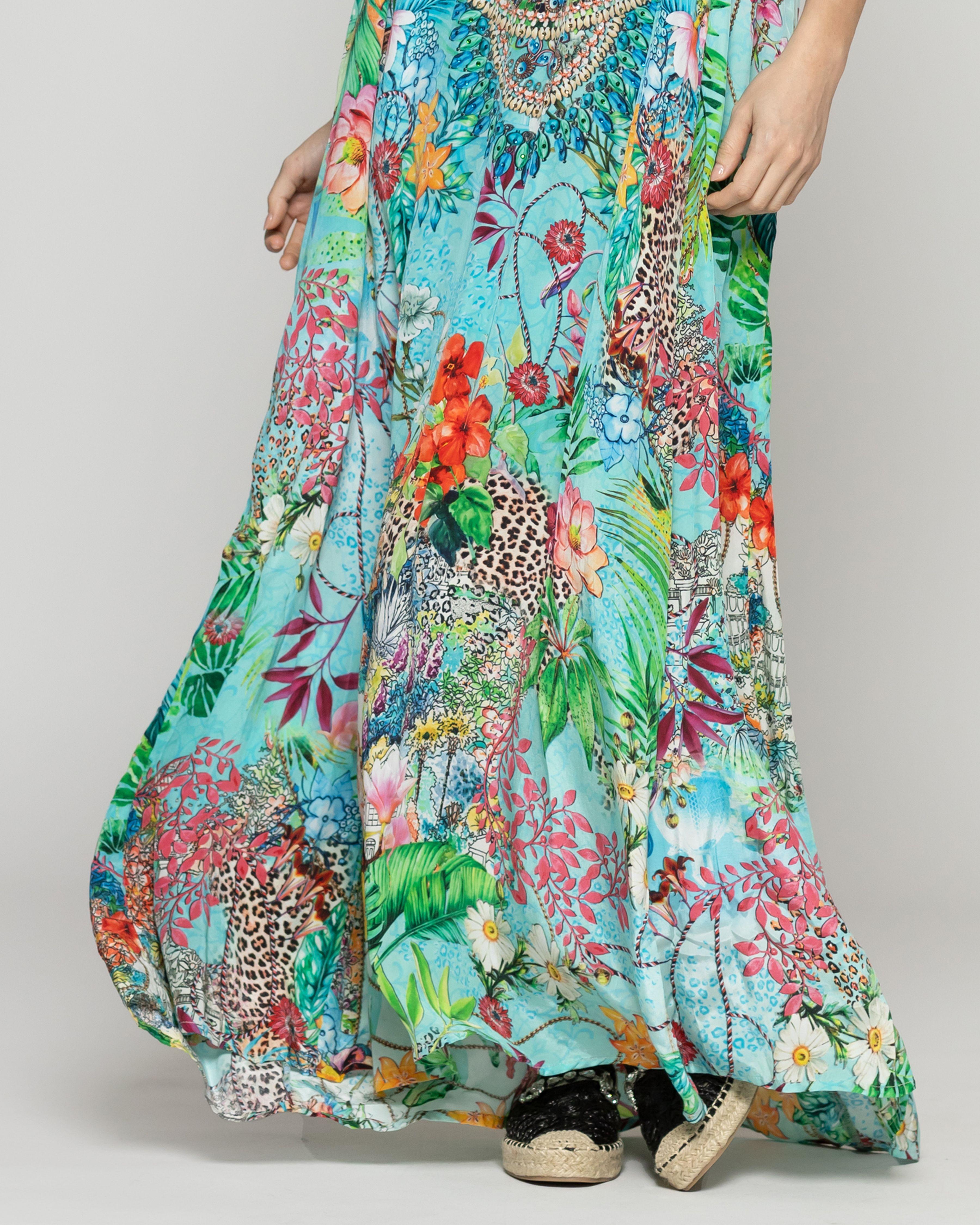 Vestido Mujer Vicenta Largo Cuello V Estampado Verde Turquesa  Lineatre-3