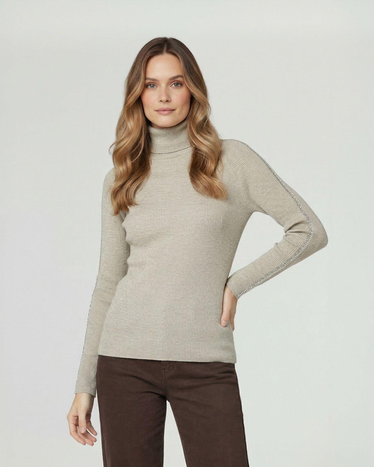 Sweater Mujer Teresa Relaxed Cuello Alto Redondo Manga Caída Fango Lineatre-0