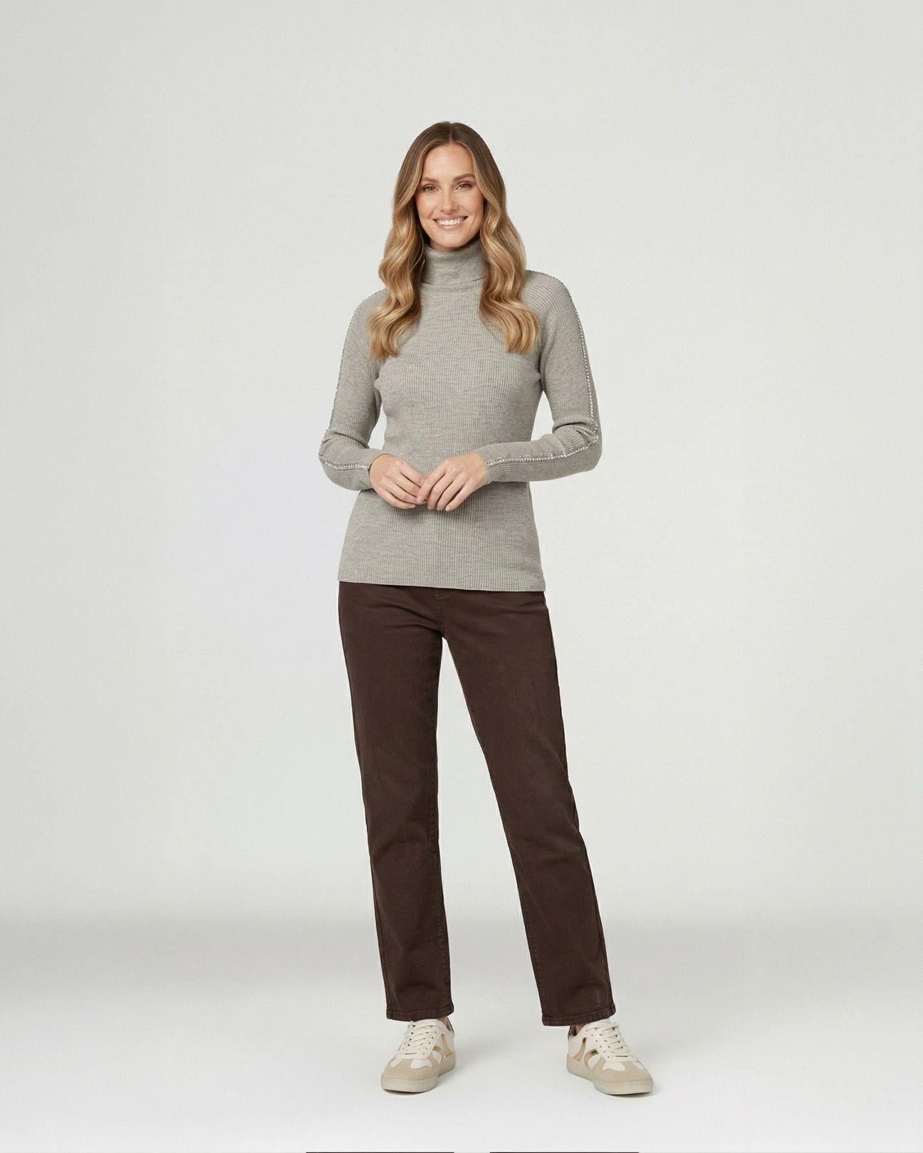 Sweater Mujer Teresa Relaxed Cuello Alto Redondo Manga Caída Fango Lineatre-3