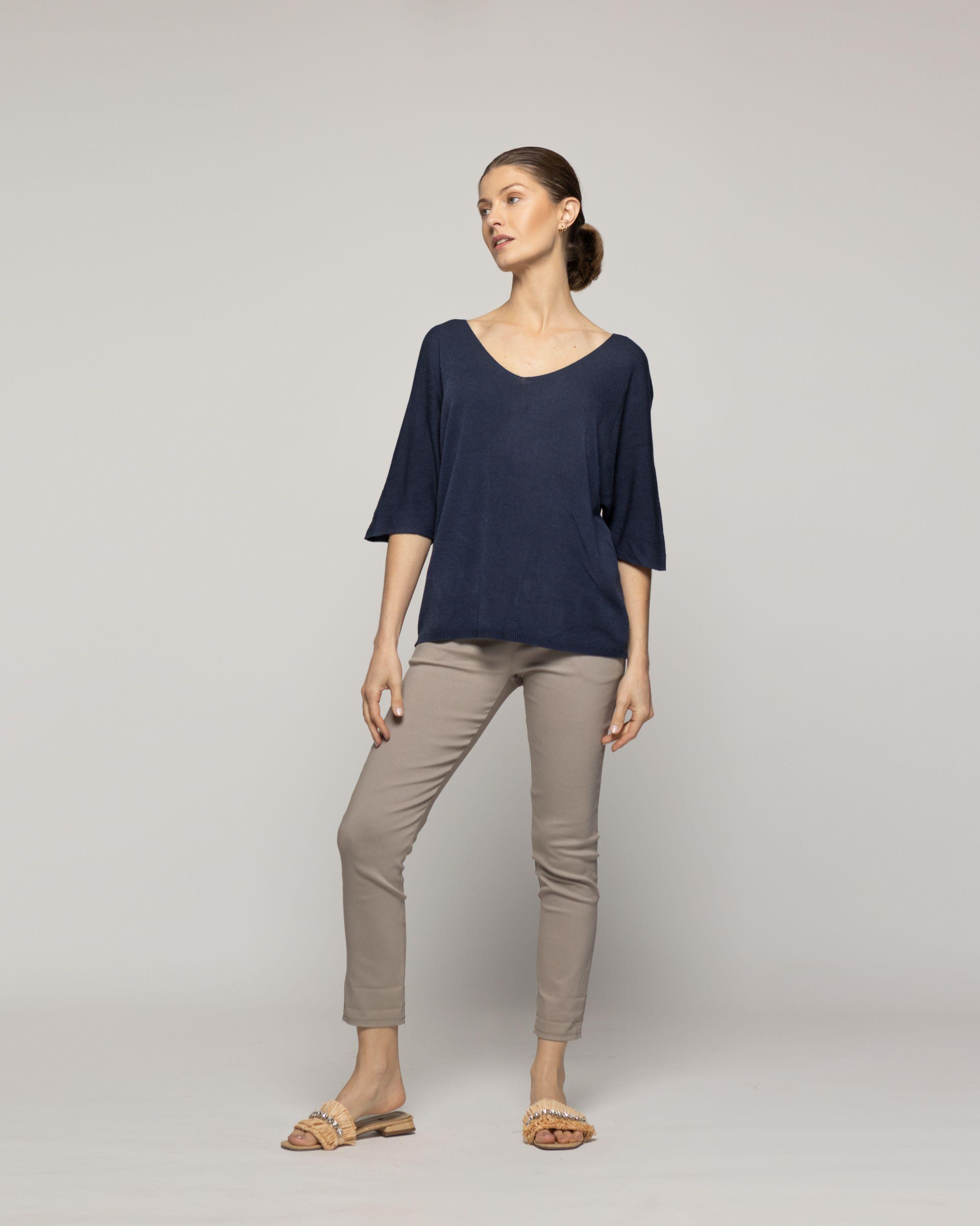 Sweater Mujer Winona Cuello V Manga 3/4 Azul Lineatre-3