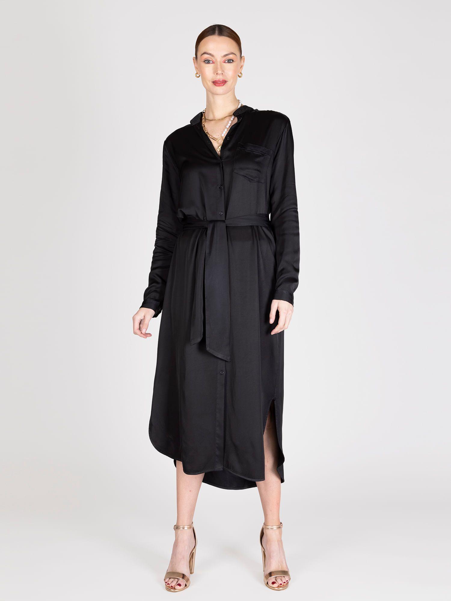 Vestido Camisero Satinado Negro Lineatre-2