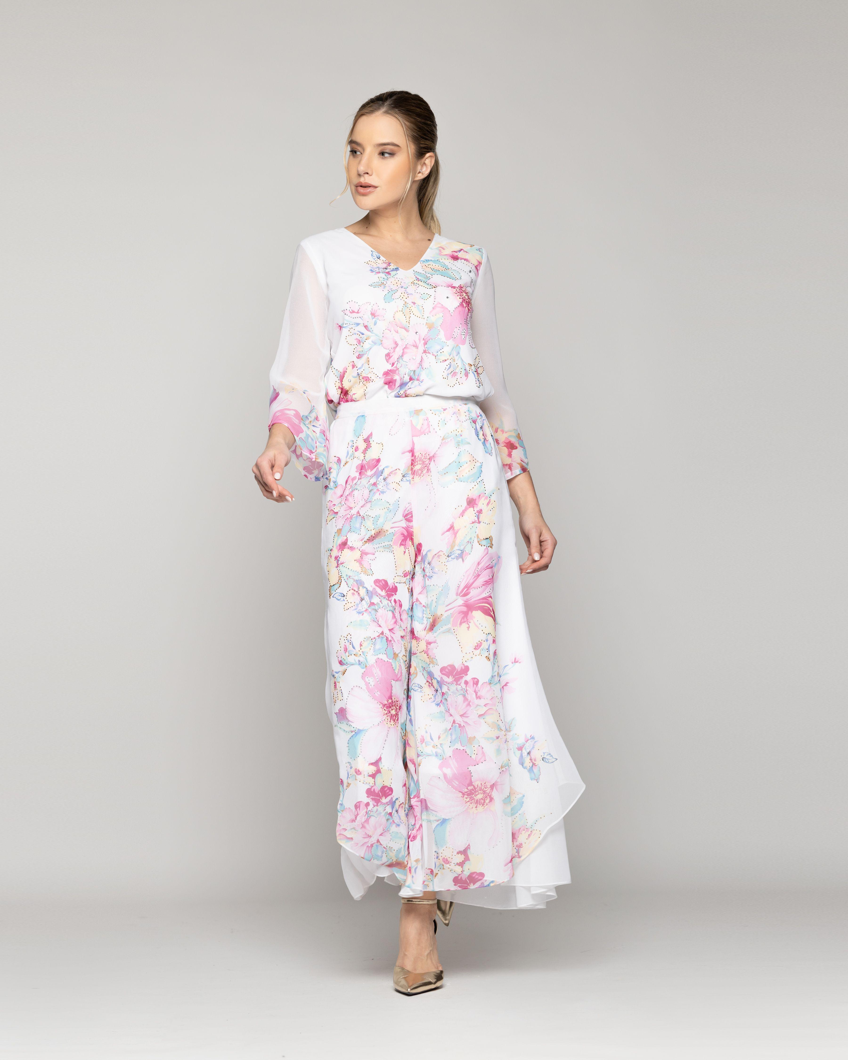 Pantalón Mujer Biancarosa Elegante Con Estampado De Flores Blanco Lineatre-0