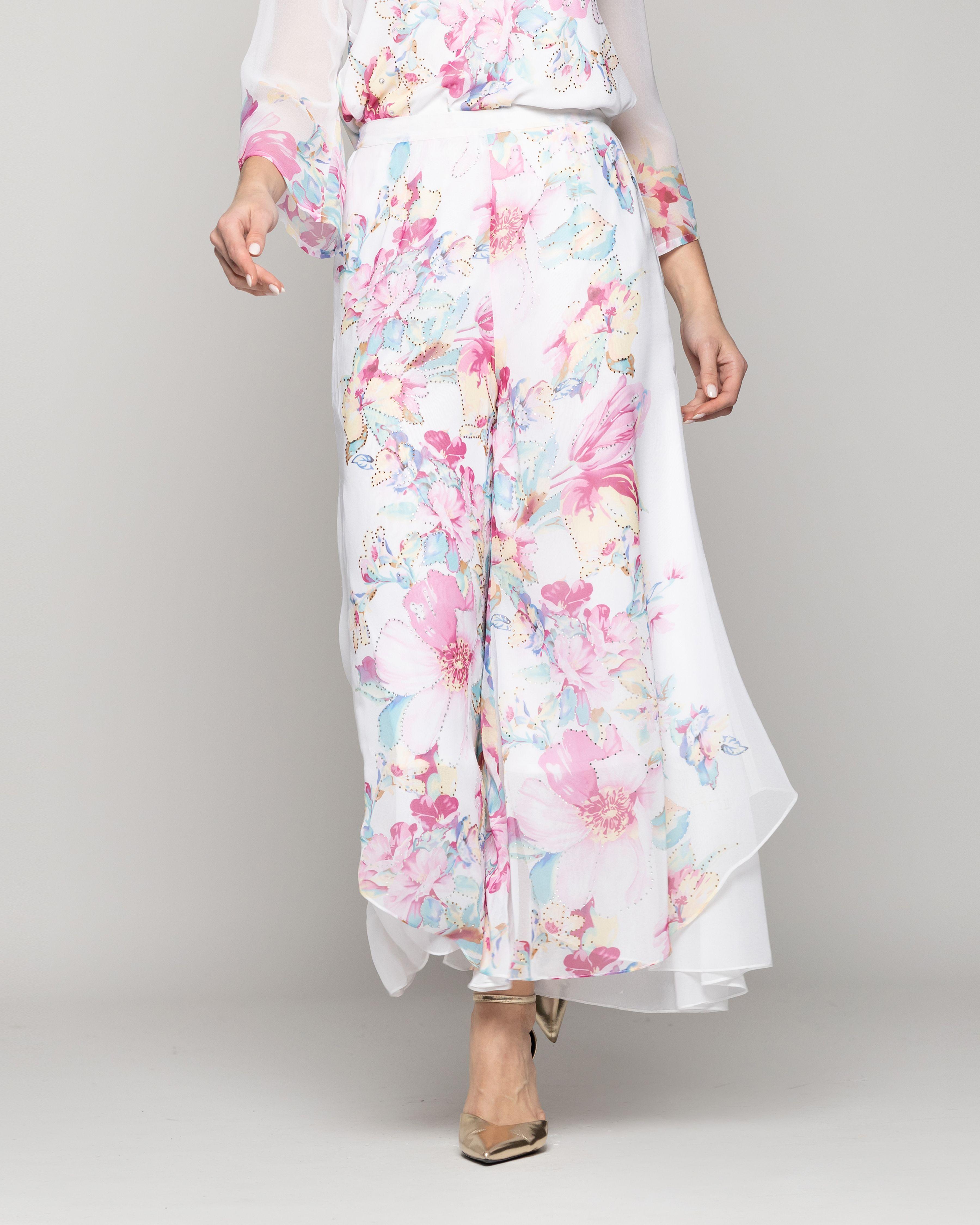 Pantalón Mujer Biancarosa Elegante Con Estampado De Flores Blanco Lineatre-1