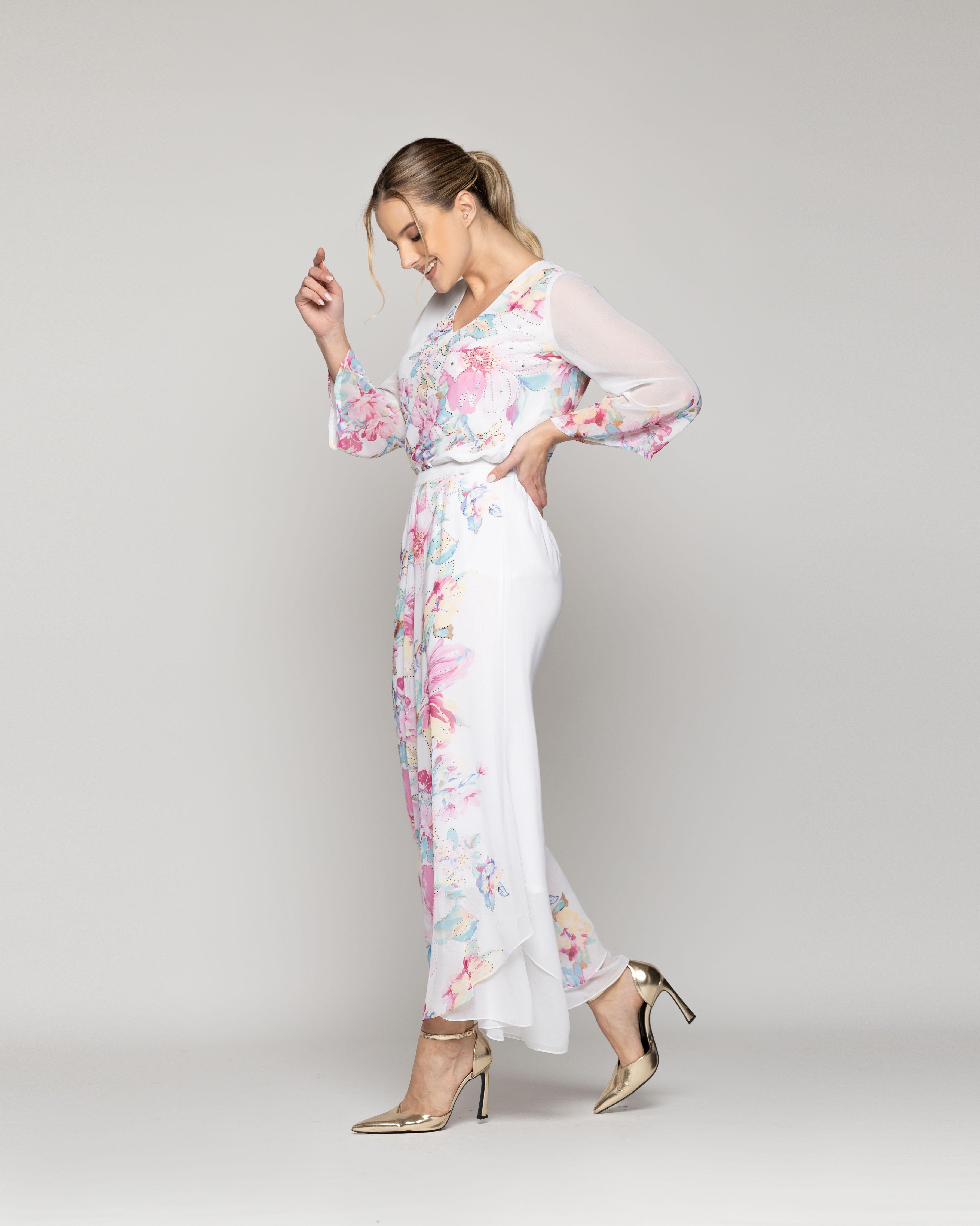 Pantalón Mujer Biancarosa Elegante Con Estampado De Flores Blanco Lineatre-2