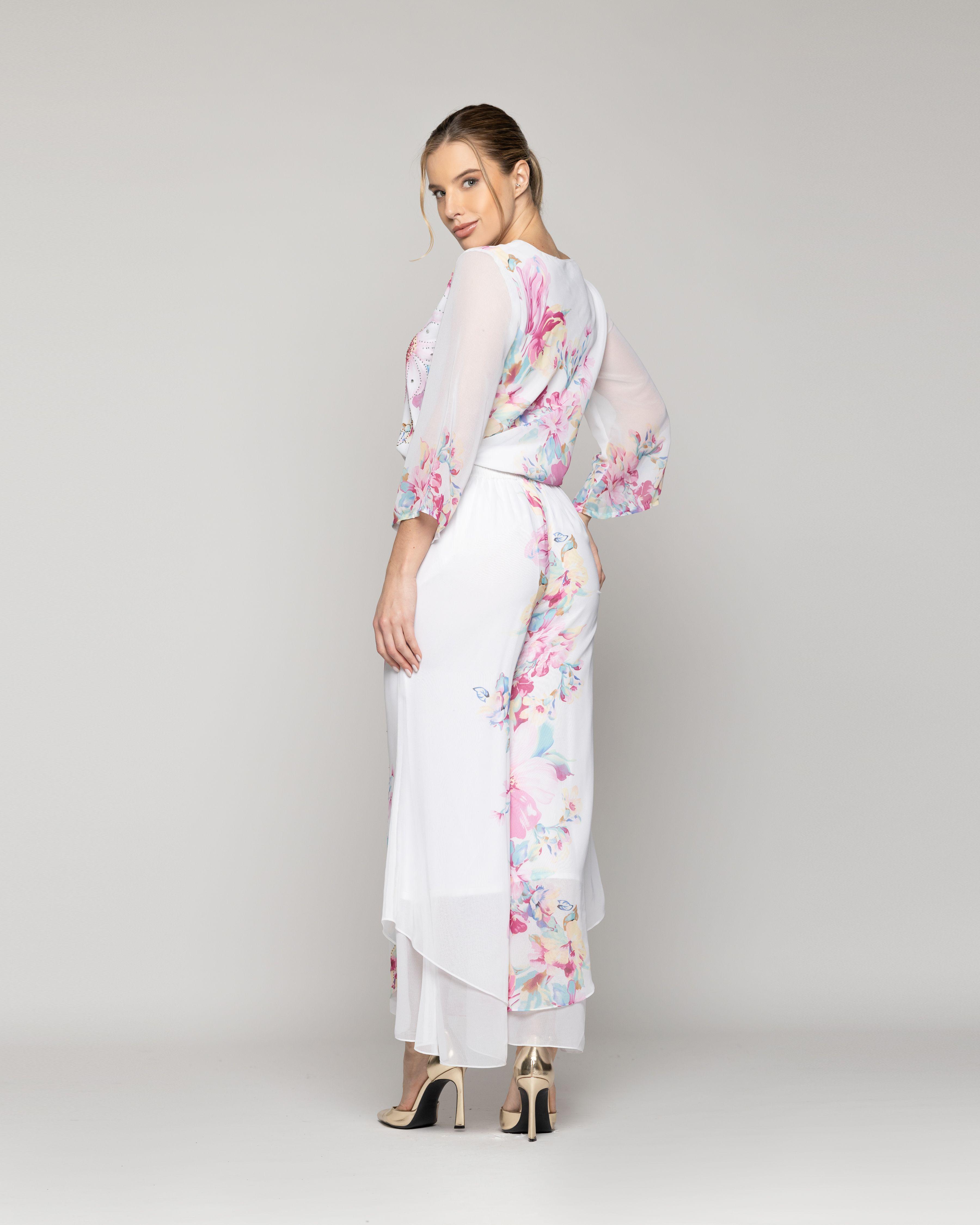 Pantalón Mujer Biancarosa Elegante Con Estampado De Flores Blanco Lineatre-3