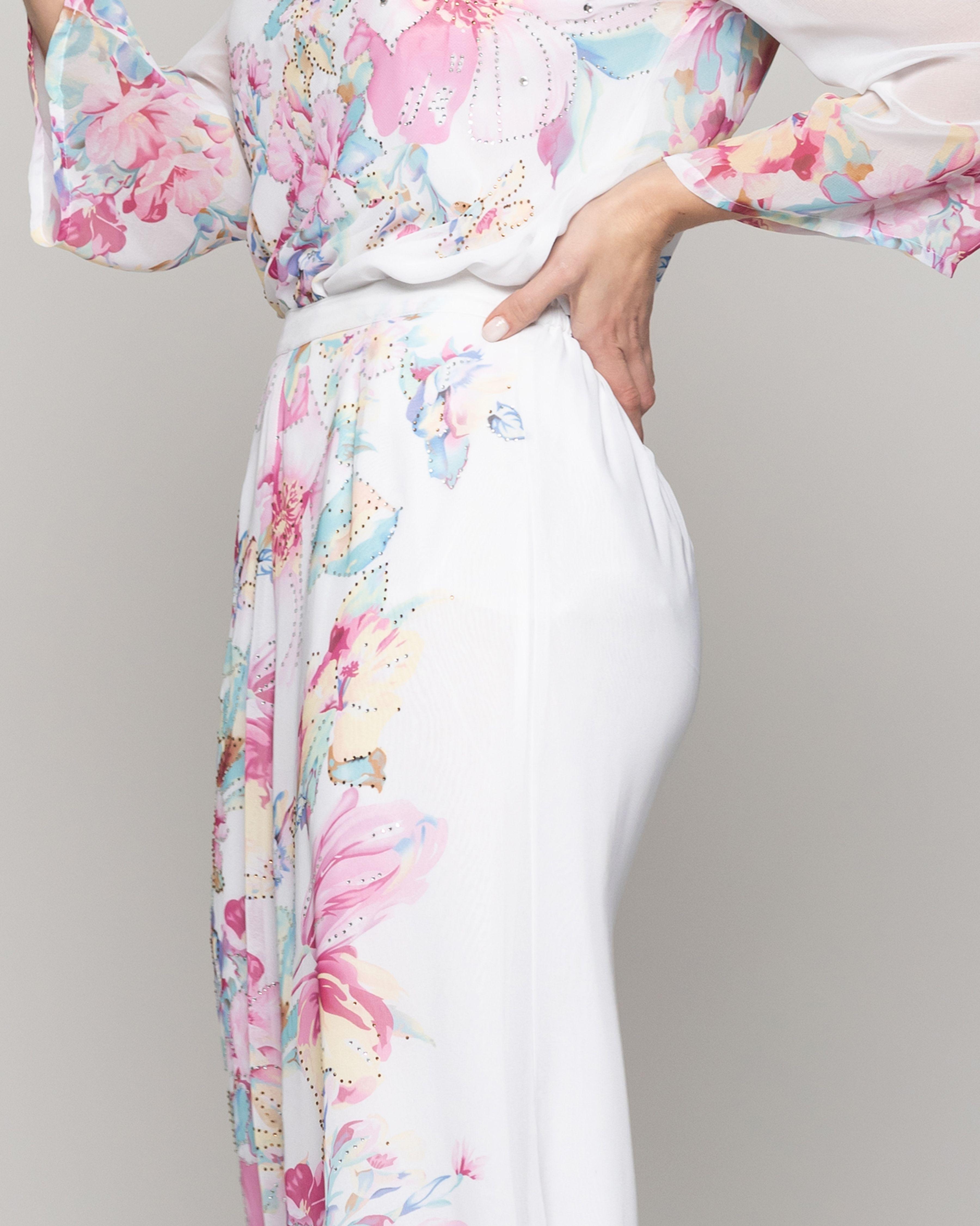 Pantalón Mujer Biancarosa Elegante Con Estampado De Flores Blanco Lineatre-4
