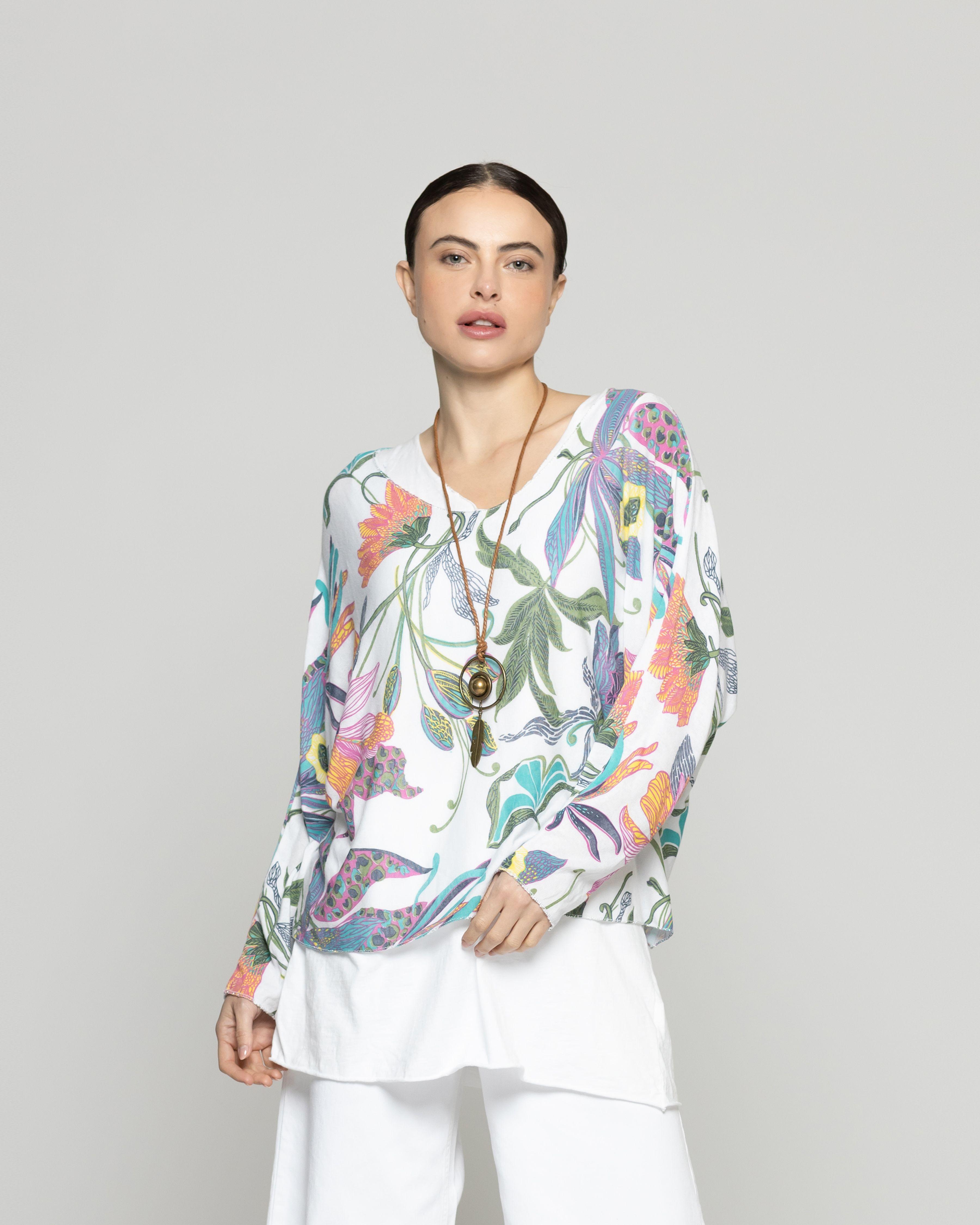 Polera Mujer Oriana Estampado Botánico Tropical Blanca Lineatre-0