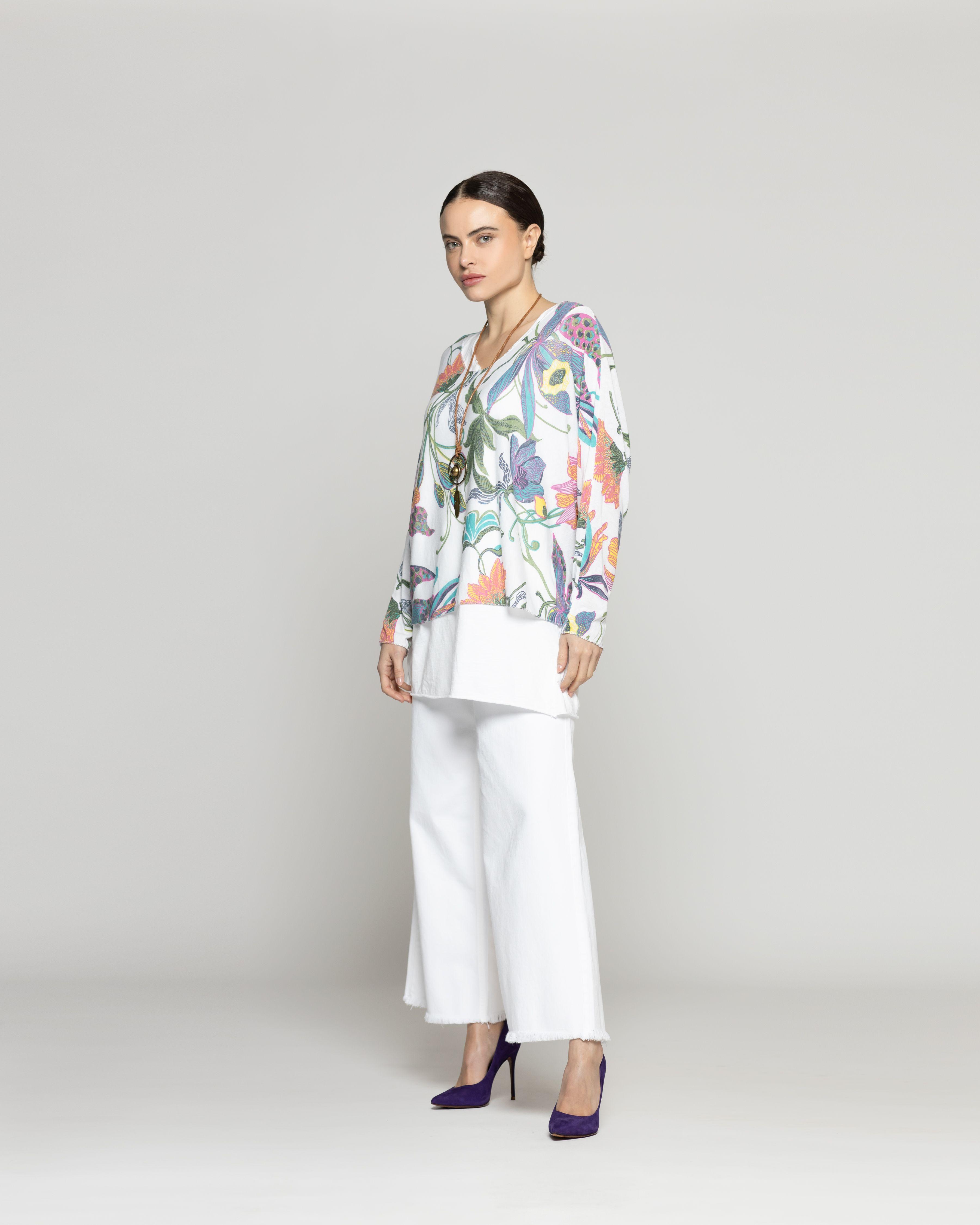 Polera Mujer Oriana Estampado Botánico Tropical Blanca Lineatre-1