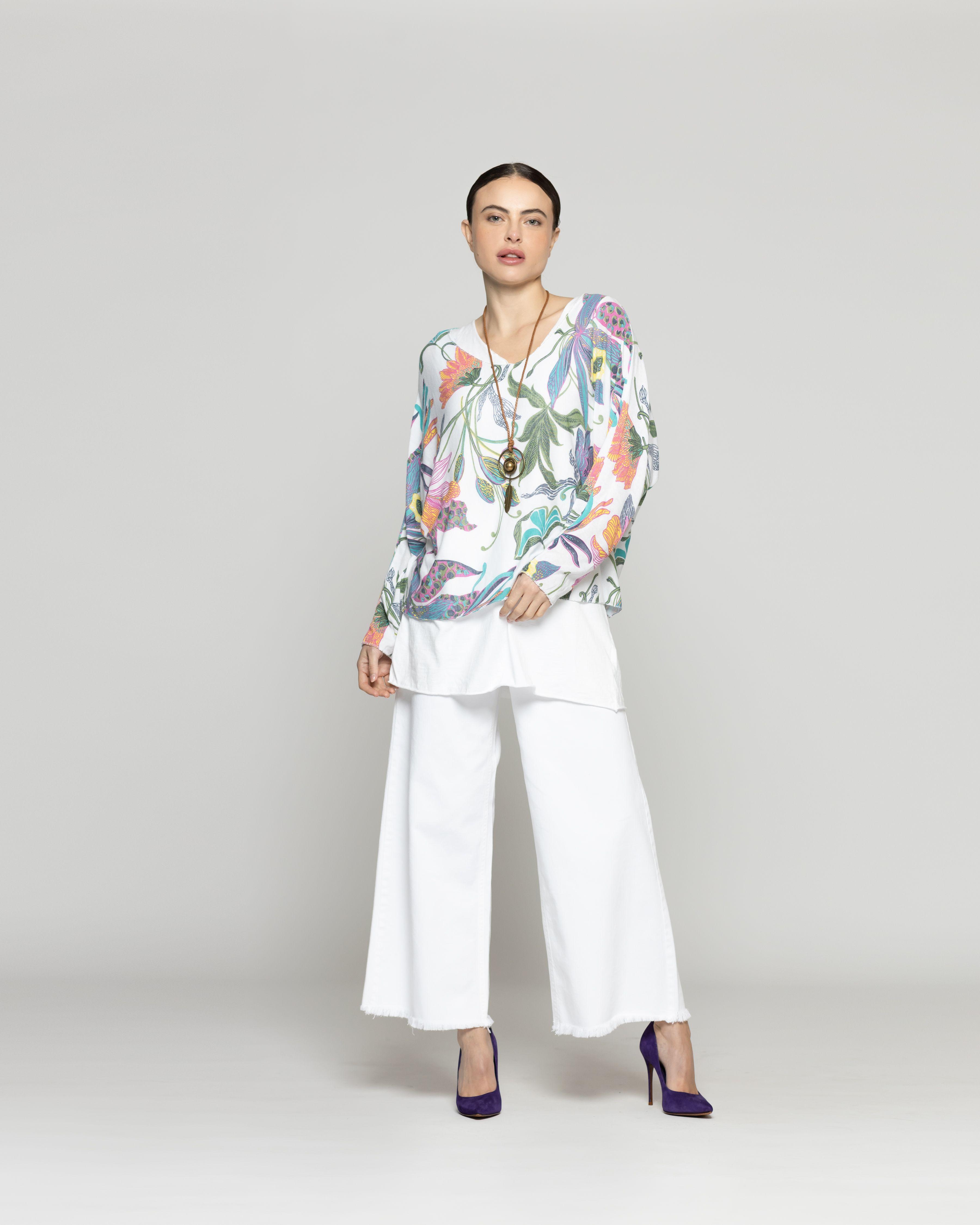 Polera Mujer Oriana Estampado Botánico Tropical Blanca Lineatre-4