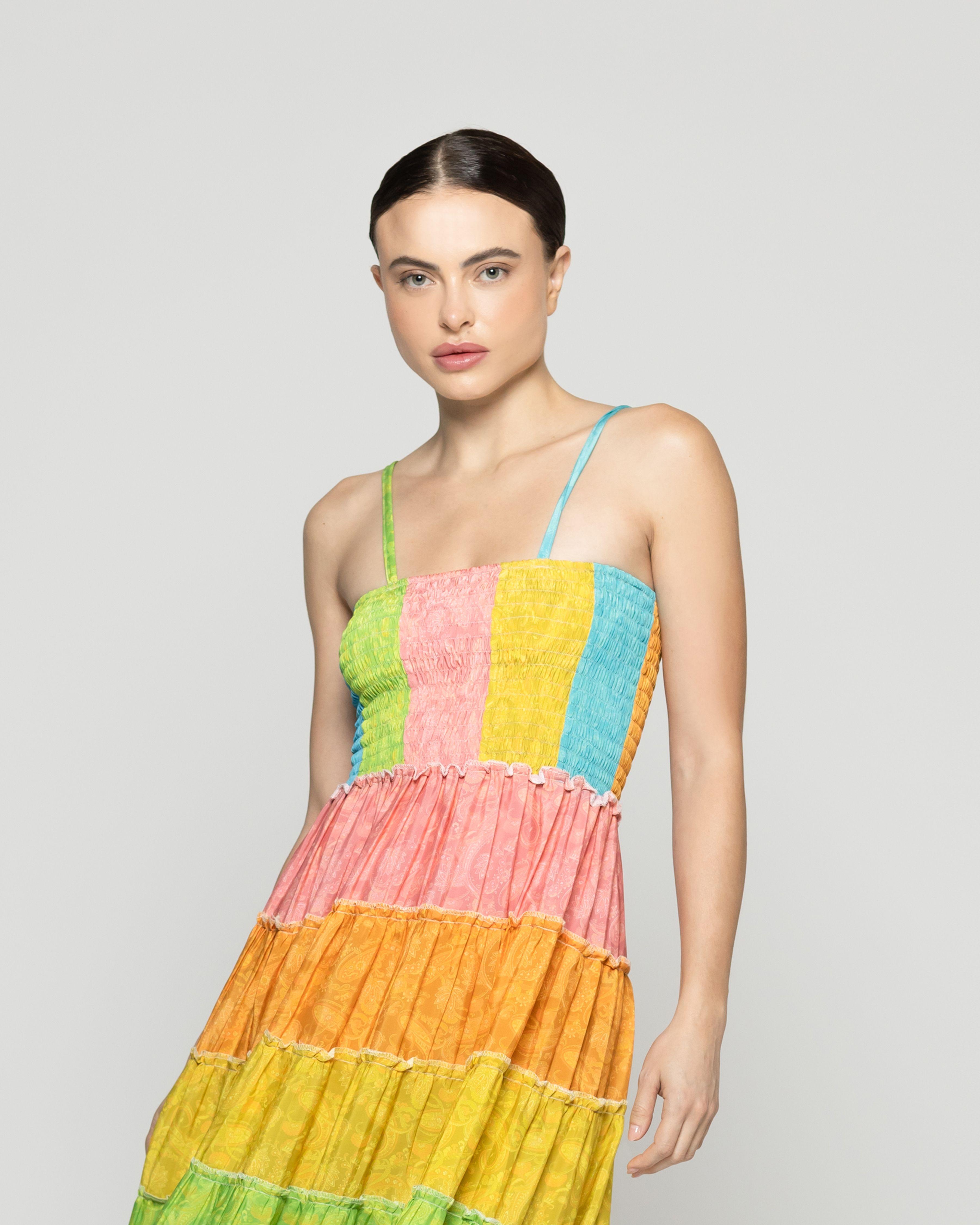 Vestido Mujer Velinda Con Vuelos Y Elasticado Estampado Arcoiris Lineatre-0
