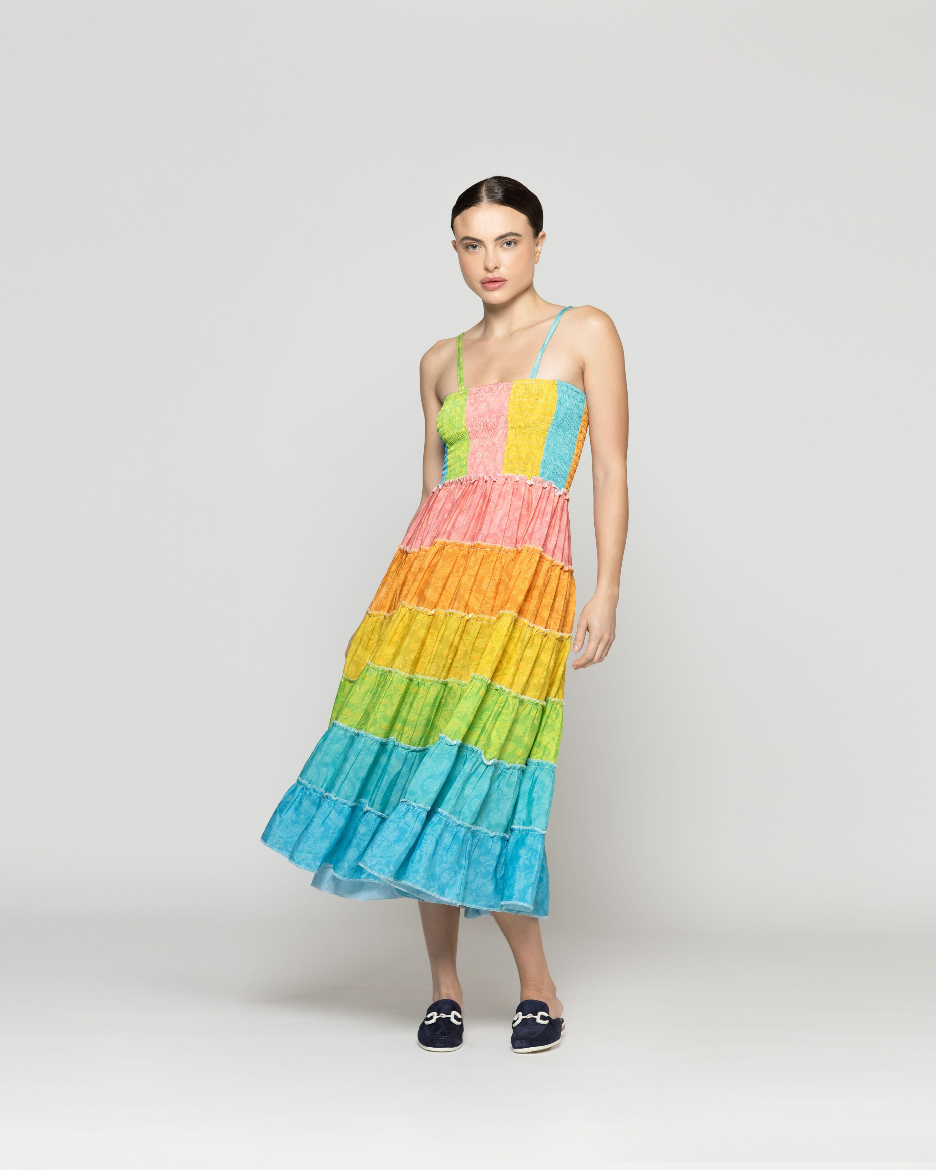 Vestido Mujer Velinda Con Vuelos Y Elasticado Estampado Arcoiris Lineatre-4