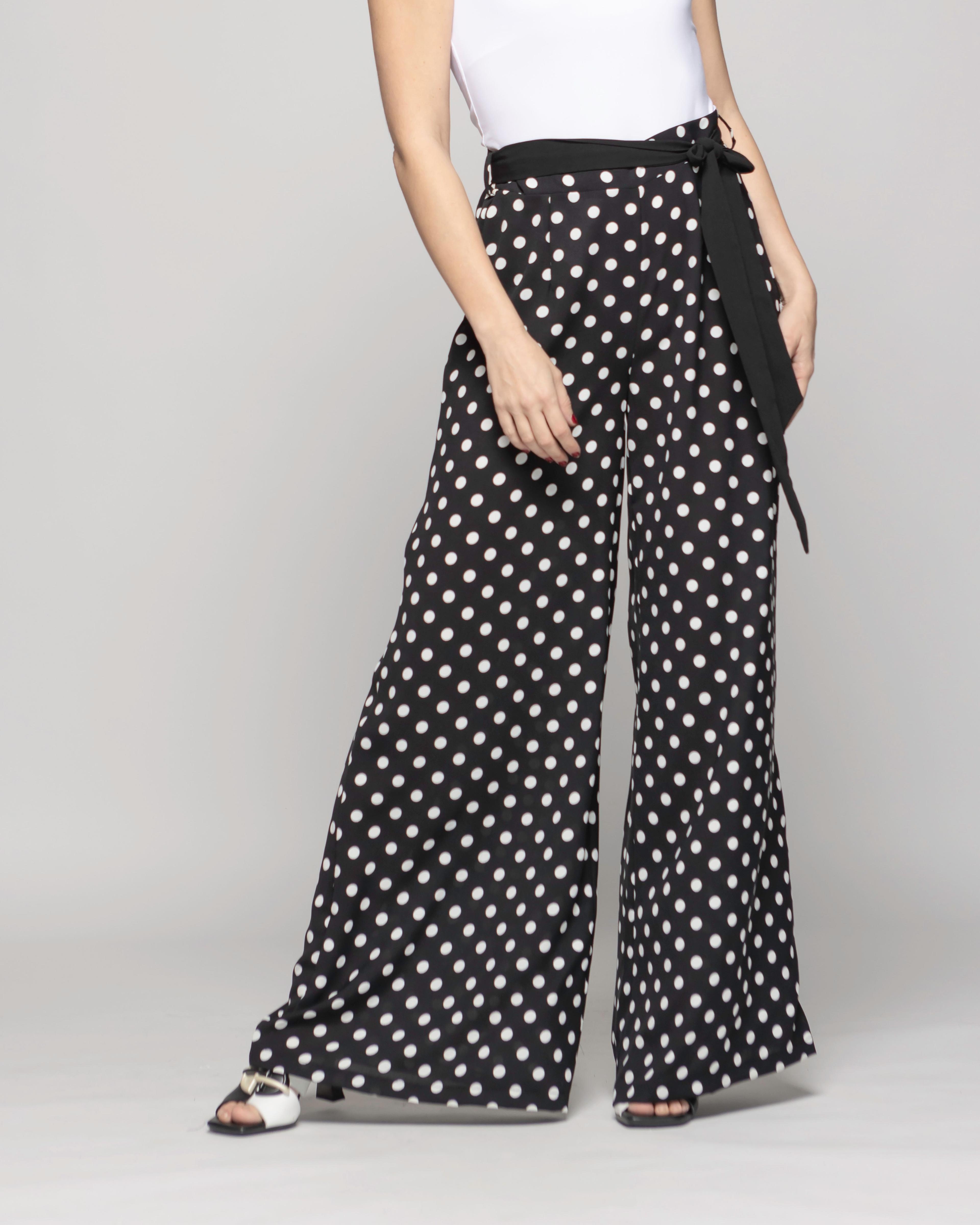 Pantalón Mujer Brionia Palazzo  Viscosa Con Lazo Lunares Blancos Negro Ludovica-2