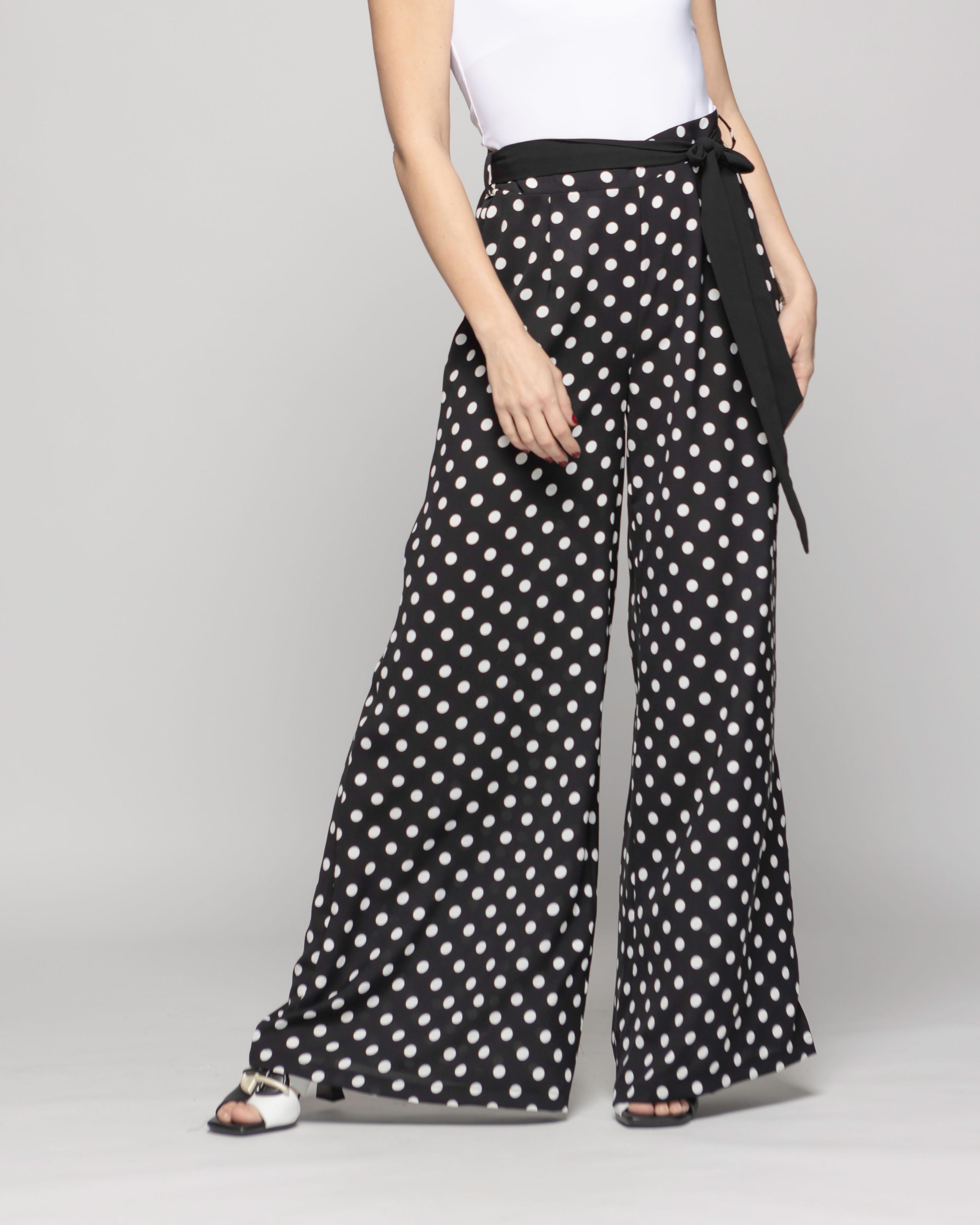 Pantalón Mujer Brionia Palazzo  Viscosa Con Lazo Lunares Blancos Negro Ludovica-3