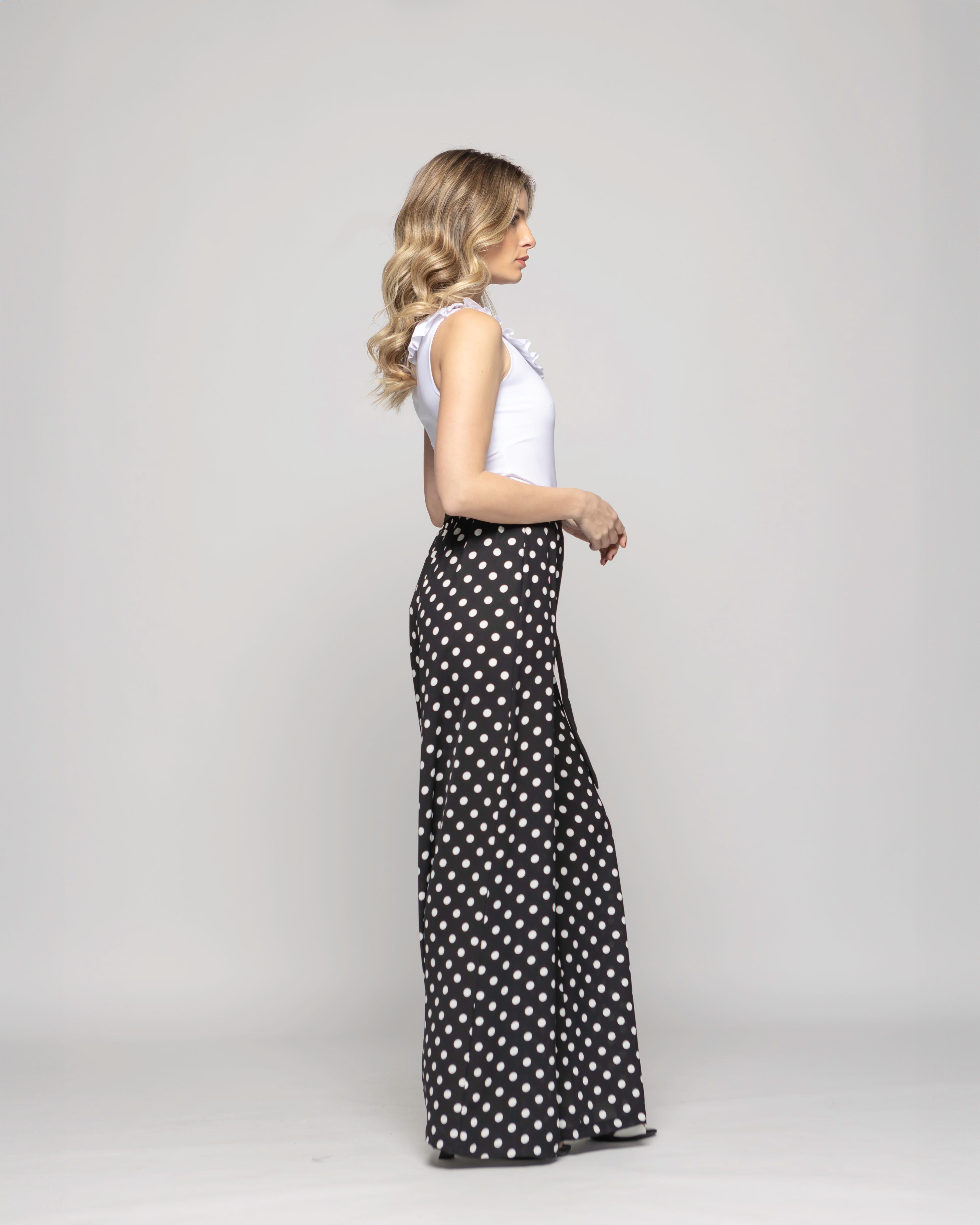 Pantalón Mujer Brionia Palazzo  Viscosa Con Lazo Lunares Blancos Negro Ludovica-4