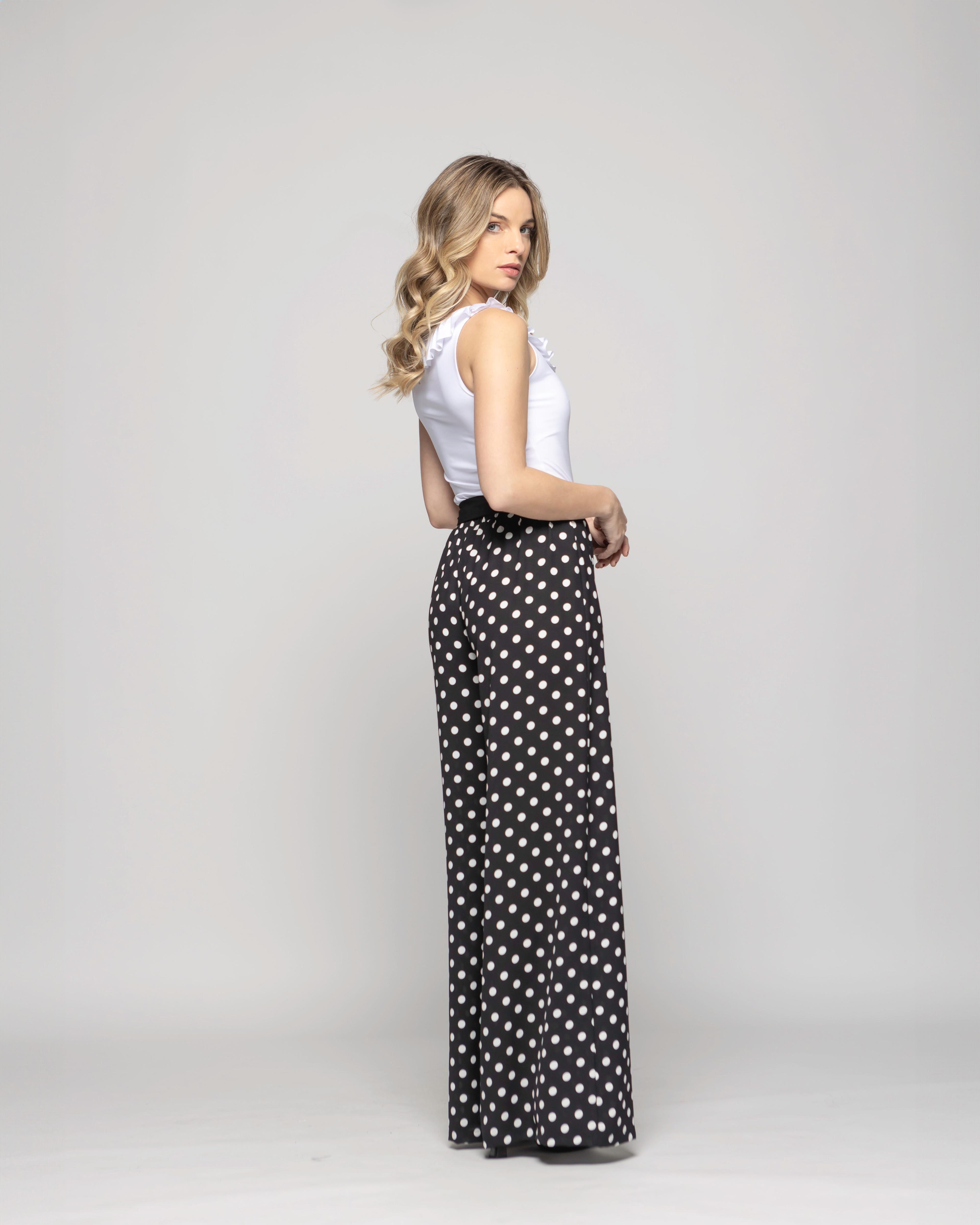 Pantalón Mujer Brionia Palazzo  Viscosa Con Lazo Lunares Blancos Negro Ludovica-6