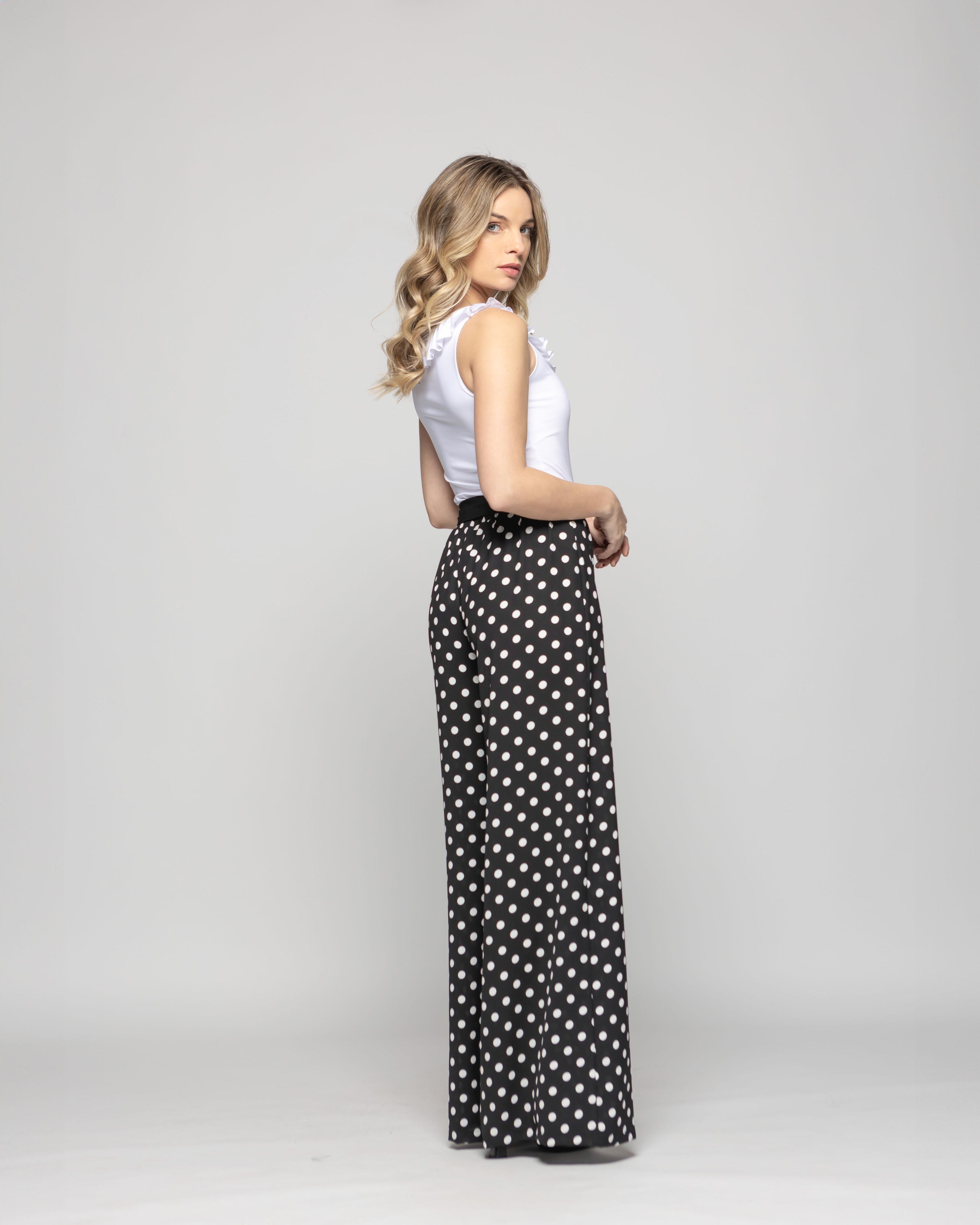 Pantalón Mujer Brionia Palazzo  Viscosa Con Lazo Lunares Blancos Negro Ludovica-7
