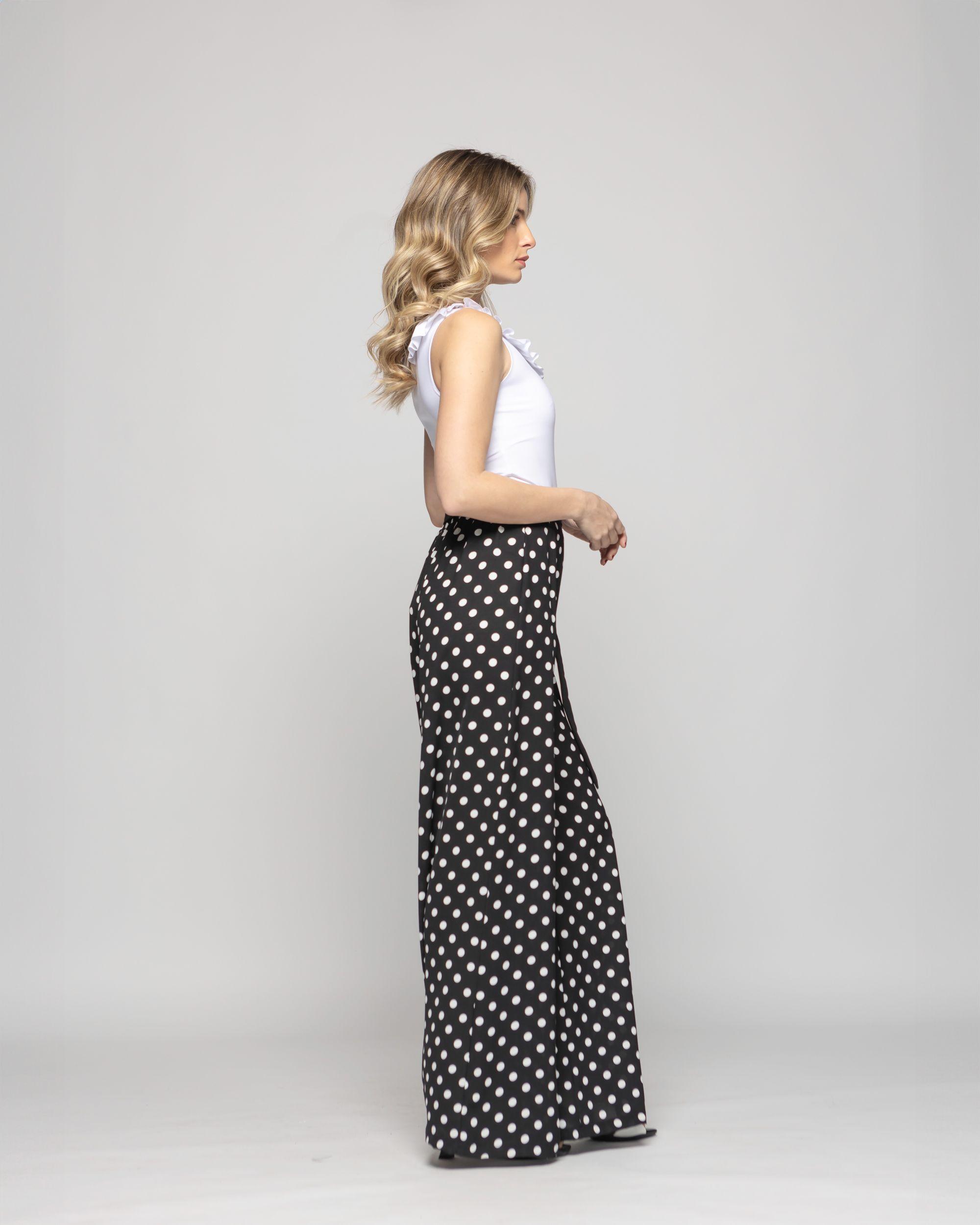Pantalón Mujer Brionia Palazzo  Viscosa Con Lazo Lunares Blancos Negro Ludovica-5