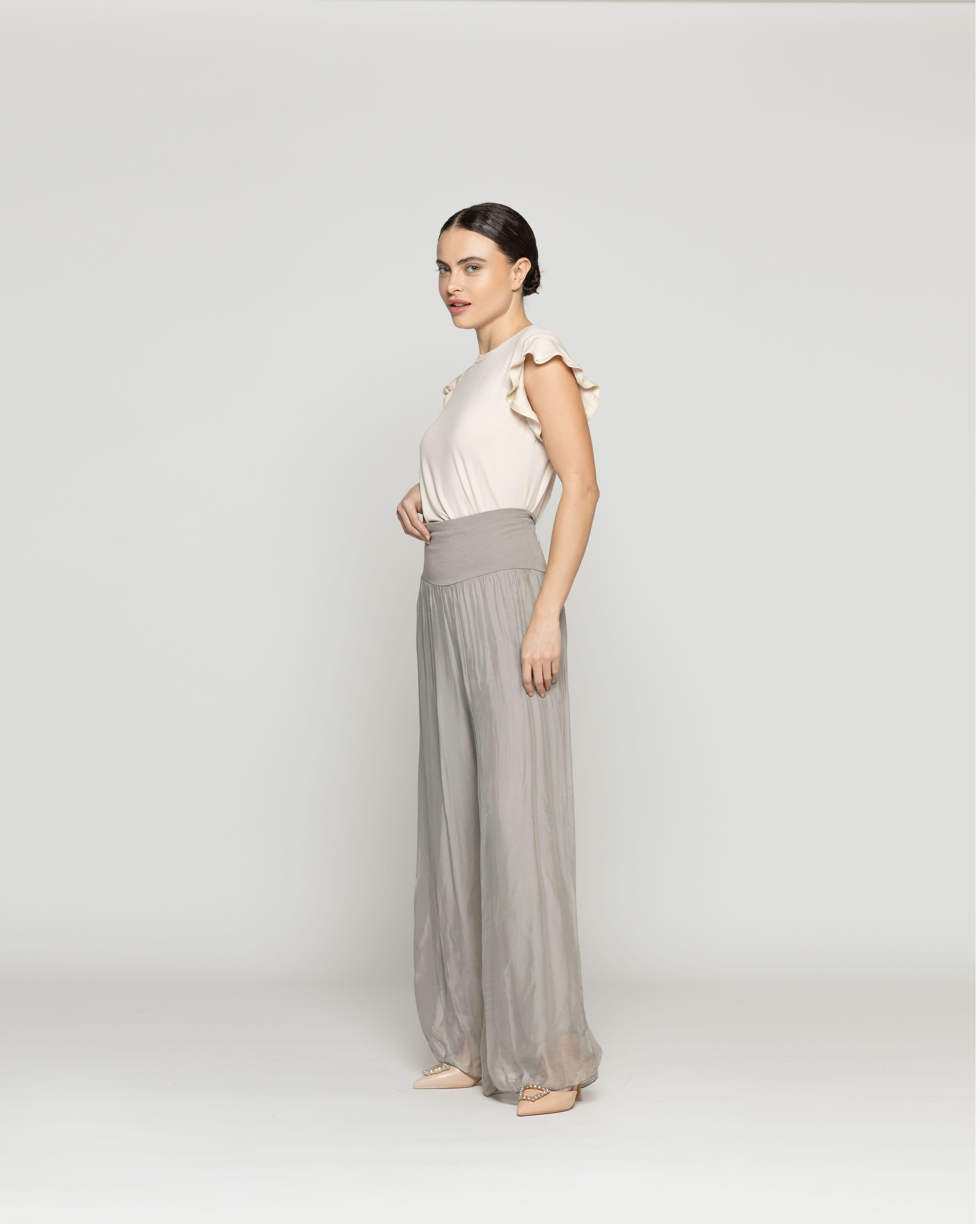 Pantalón Mujer Pandora Satinado Pretina Ancha Verde Fango Lineatre-3