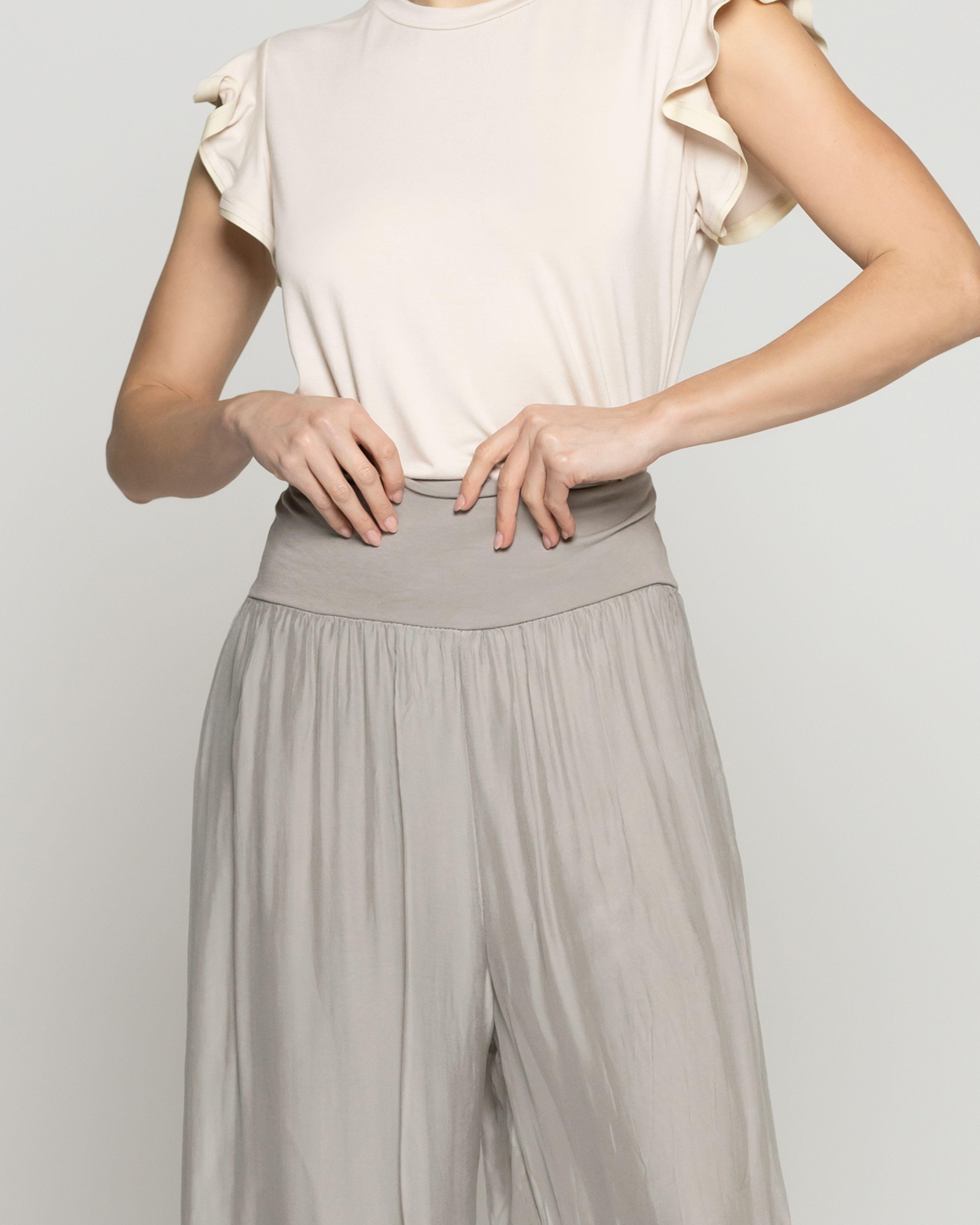 Pantalón Mujer Pandora Satinado Pretina Ancha Verde Fango Lineatre-4