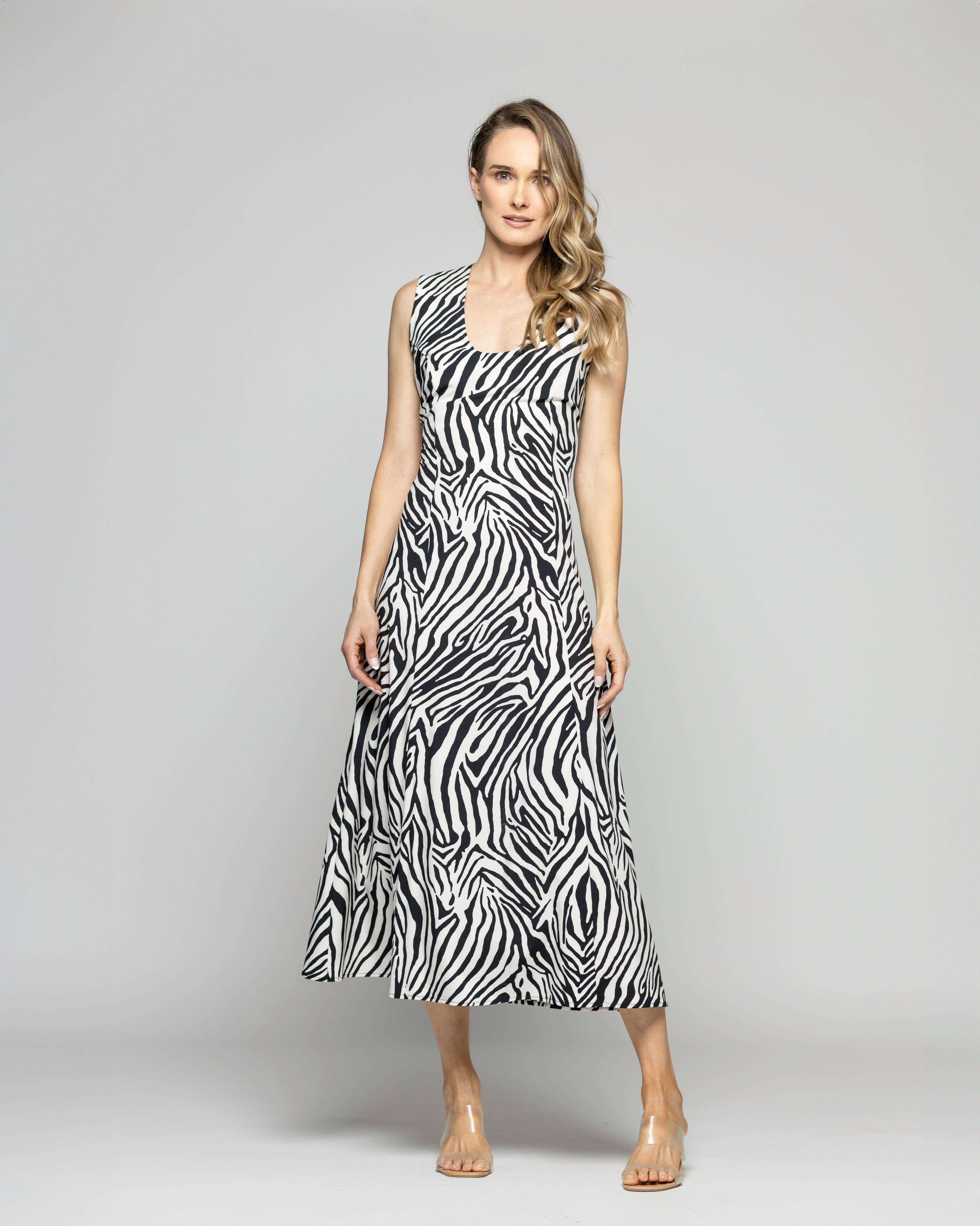 Vestido Mujer Vanda Midi Sin Mangas Animal Print Cebra Blanco Y Negro Ludovica-0