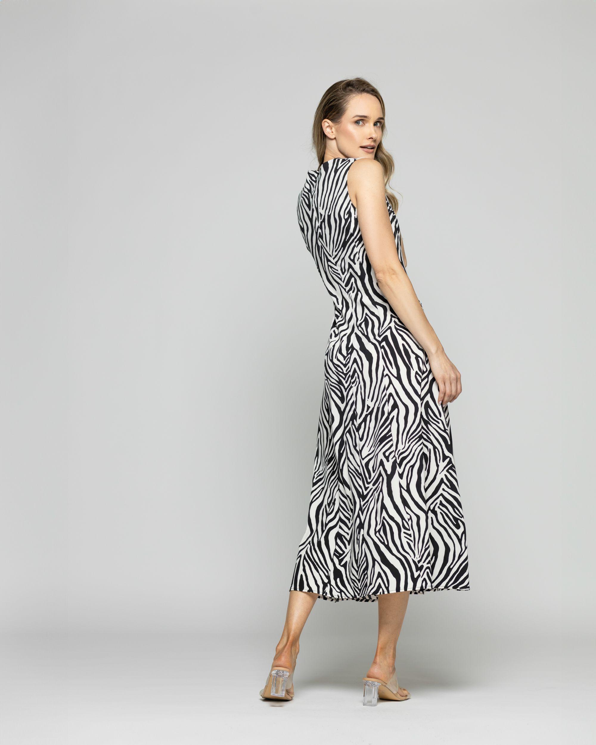 Vestido Mujer Vanda Midi Sin Mangas Animal Print Cebra Blanco Y Negro Ludovica-4
