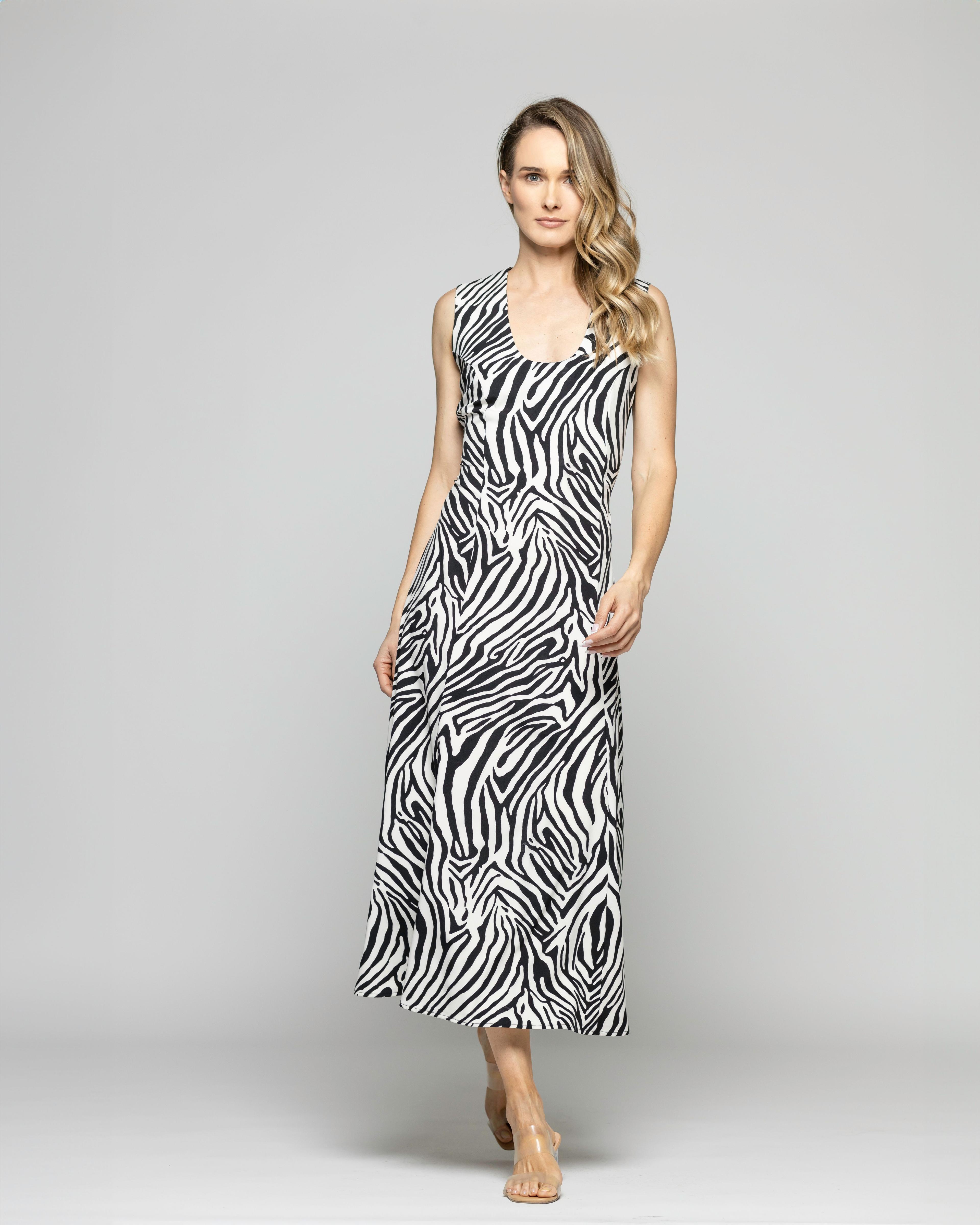 Vestido Mujer Vanda Midi Sin Mangas Animal Print Cebra Blanco Y Negro Ludovica-7