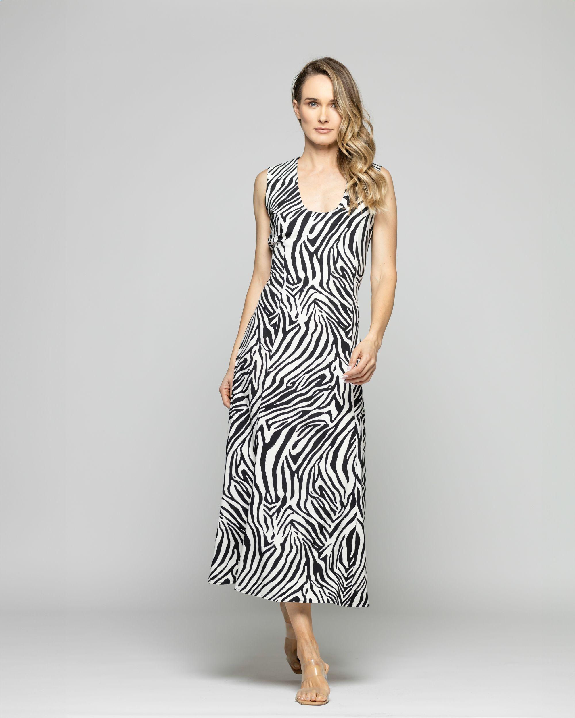 Vestido Mujer Vanda Midi Sin Mangas Animal Print Cebra Blanco Y Negro Ludovica-8