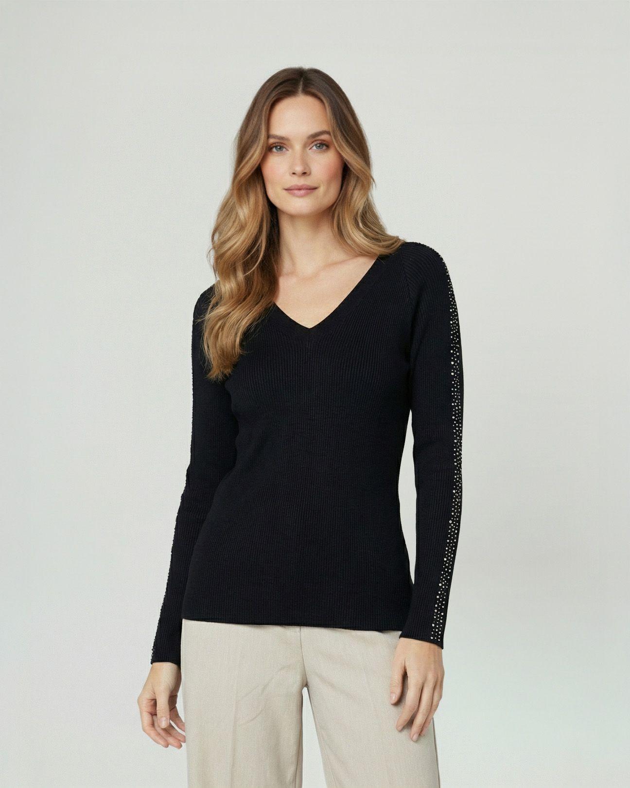 Sweater Mujer Ornella Relaxed Cuello En V Manga Caída Negro Lineatre-0