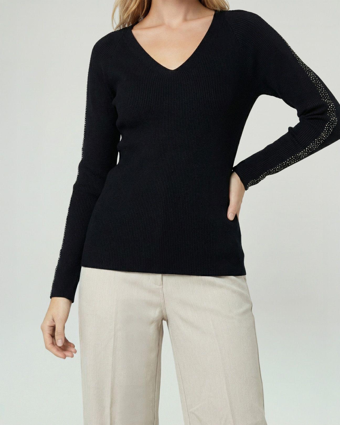Sweater Mujer Ornella Relaxed Cuello En V Manga Caída Negro Lineatre-2