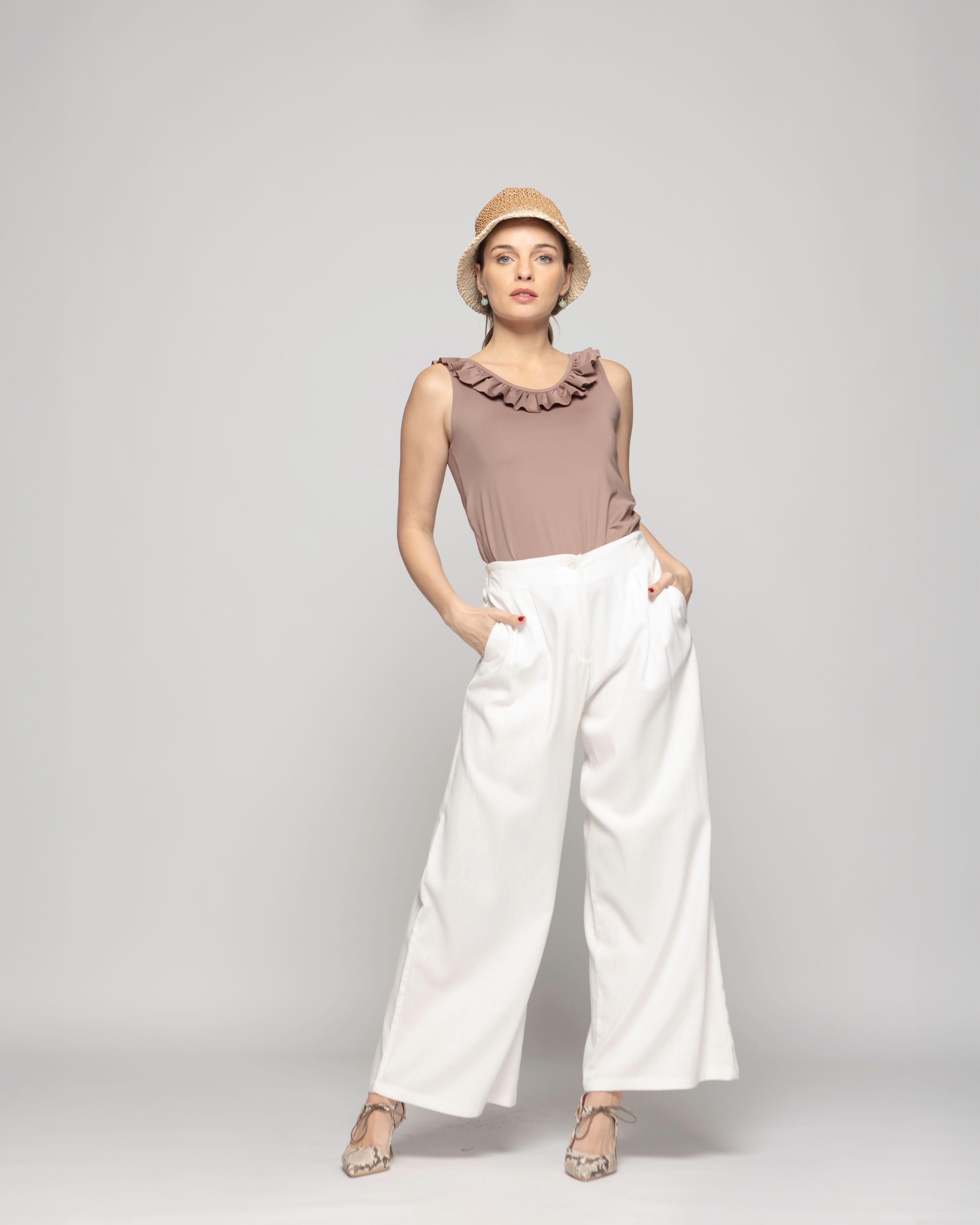 Pantalón Mujer Silene Viscosa Con Pinzas Blanco Crudo Ludovica-0