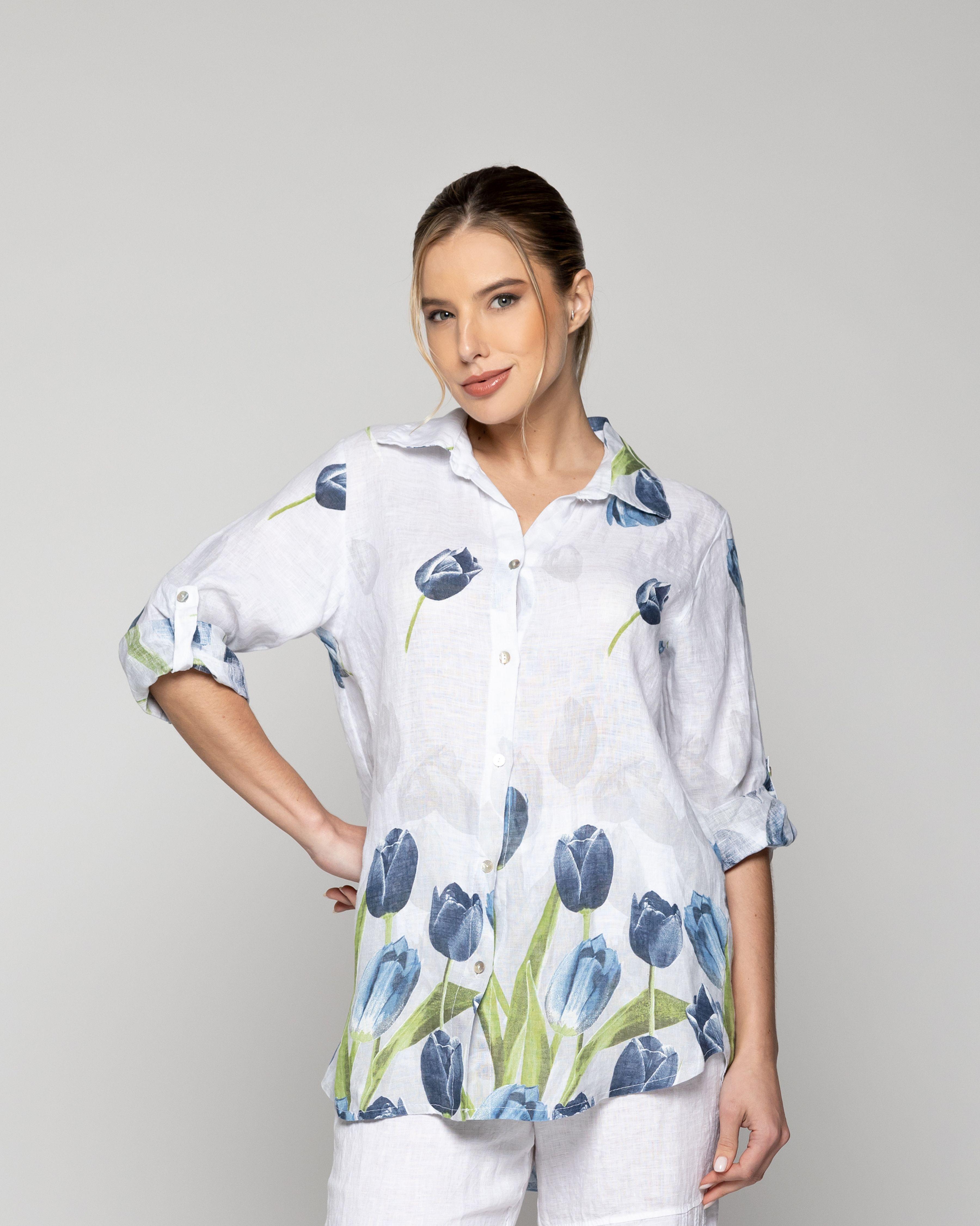 Blusa Mujer Baylee De Lino Con Tulipanes Blanca Lineatre-0