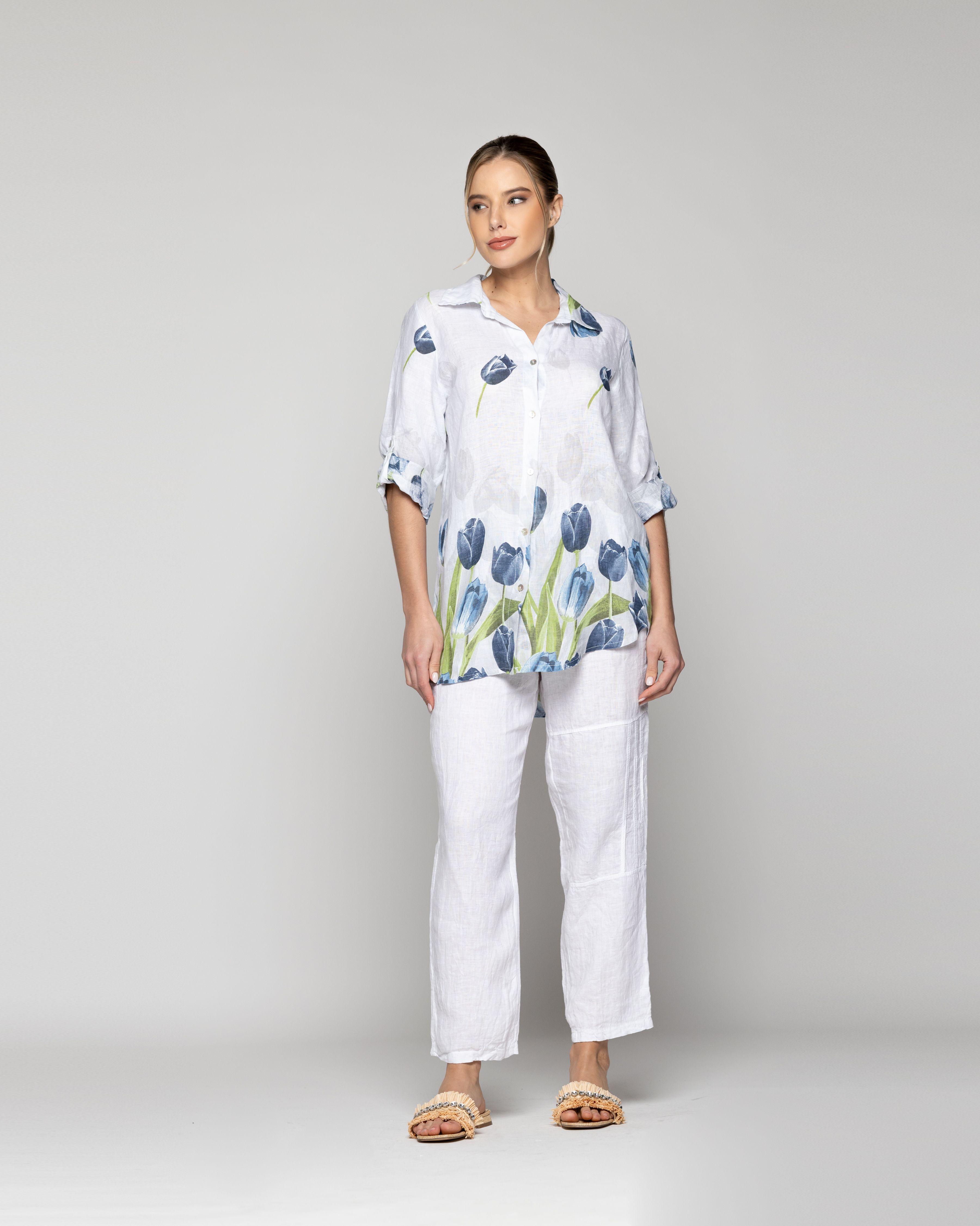 Blusa Mujer Baylee De Lino Con Tulipanes Blanca Lineatre-1