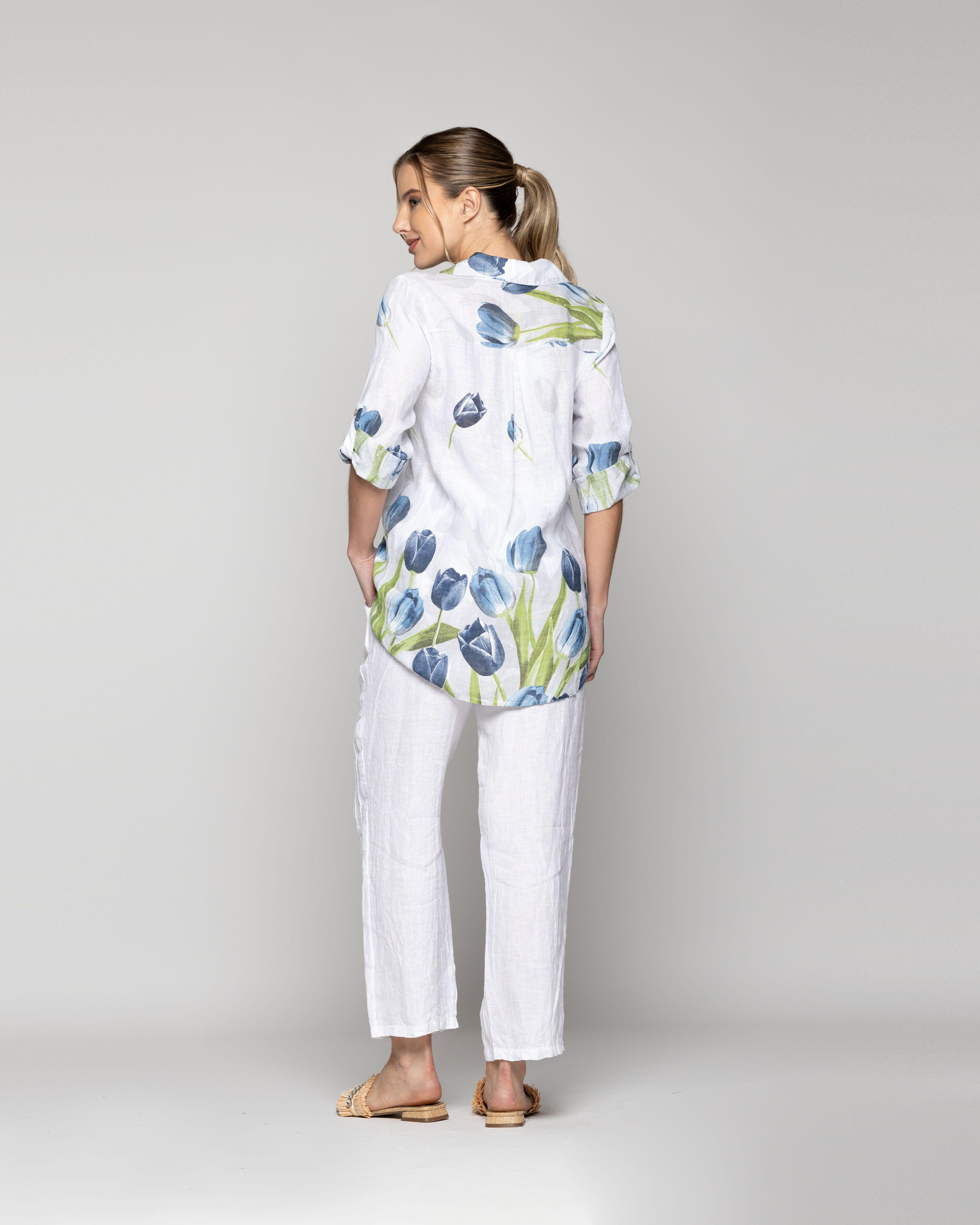 Blusa Mujer Baylee De Lino Con Tulipanes Blanca Lineatre-3