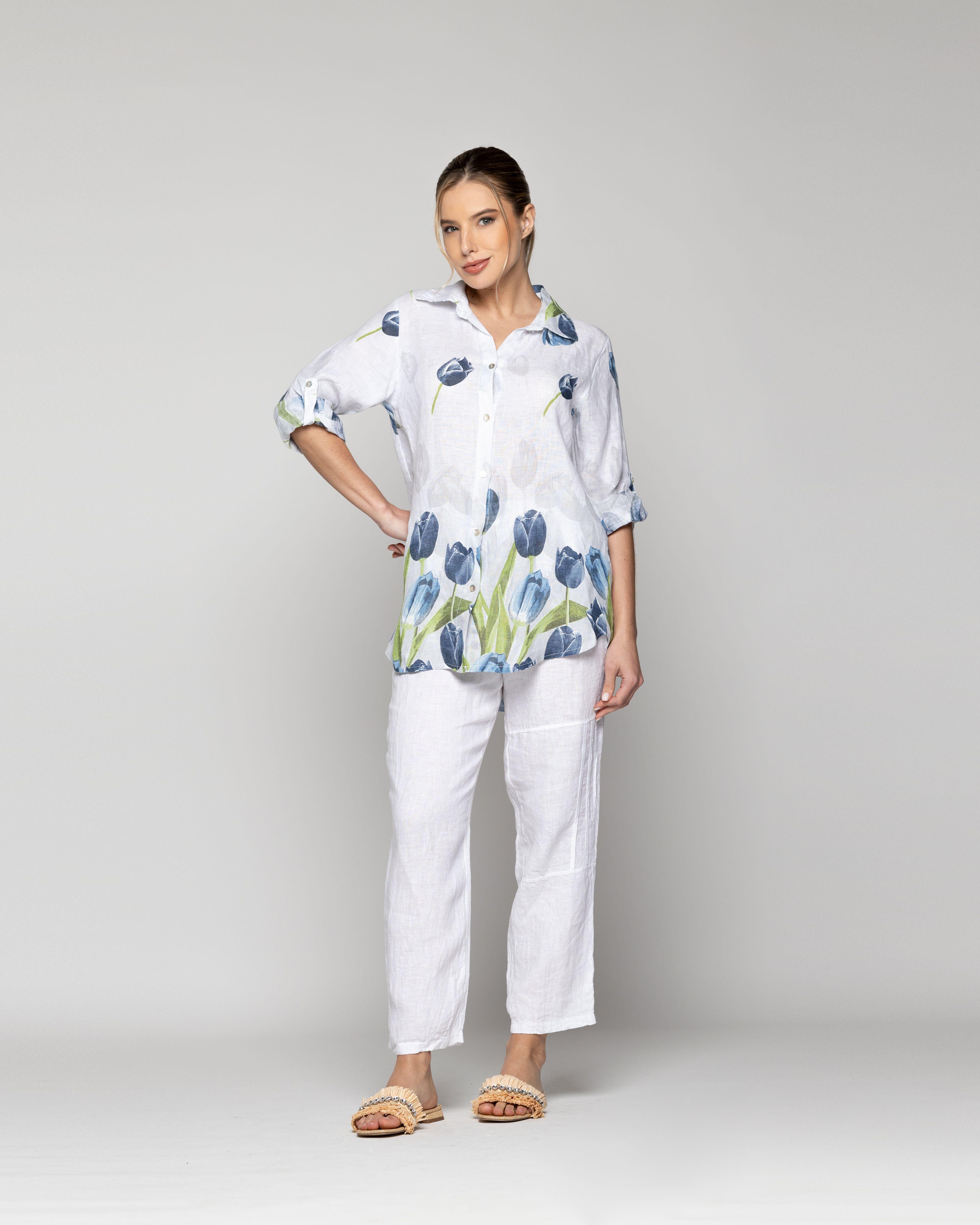 Blusa Mujer Baylee De Lino Con Tulipanes Blanca Lineatre-4